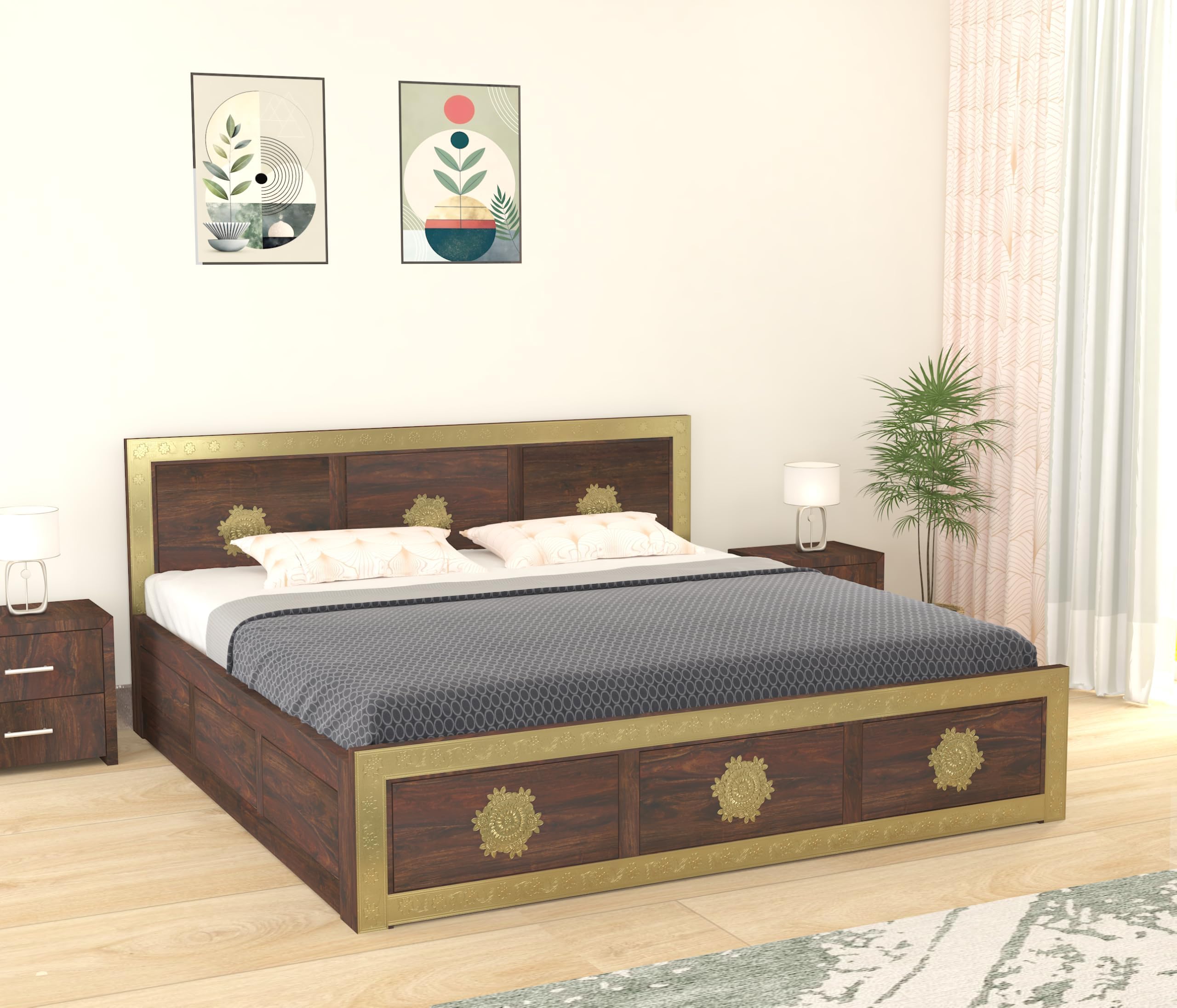 Wooden King Size Bed with Storage | Double Bed Cot Bed with Box Storage | Bed with Traditional Brass Work for Bedroom & Hotel | Sheesham Wood | Walnut Finish, Recommended Mattress Size: 78 X 72