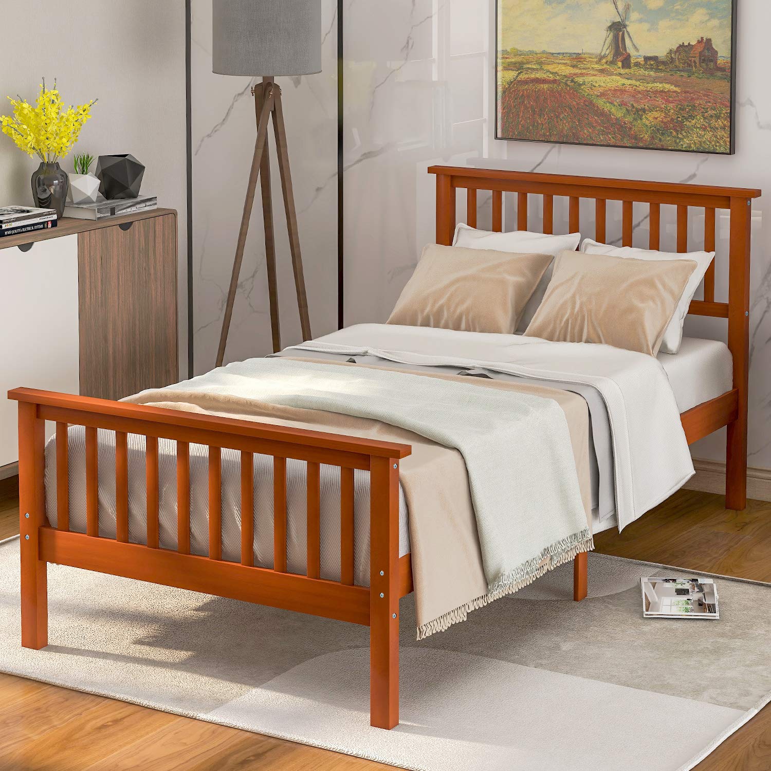 Merax Solid Wood Bed Frame with Headboard and Footboard/No Box Spring Needed/Easy Assembly for Kids Platform, Twin, Oak