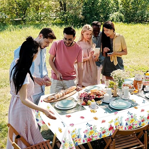 Miniatura 4 de Paquete de 4 manteles de plástico con diseño floral de verano con flores silvestres en acuarela, mantel de plástico desechable para primavera,