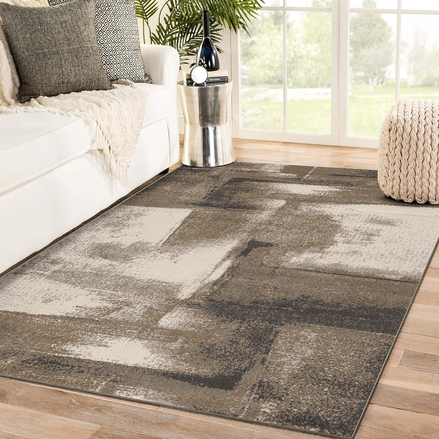 Tapis de salon grand 180x250cm abstrait moderne brun antidérapant