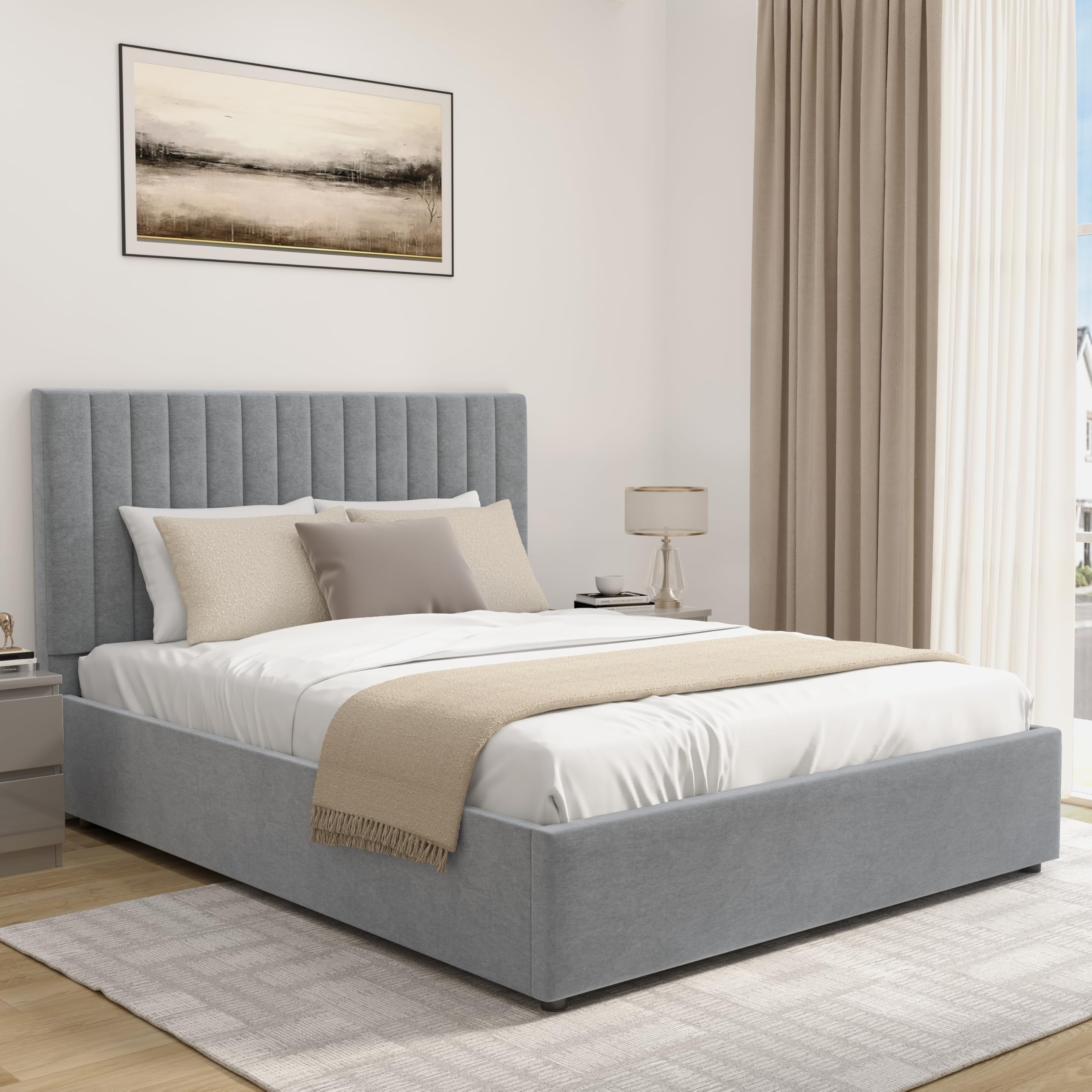 Blisswood Ottoman Bed Frame Gas Lift Up Storage Bed, 4ft Small Double Ottoman Bed, Upholstered Bed Frame, Wooden Slats Stylish Bed Frame (4ft Light Grey No Mattress)