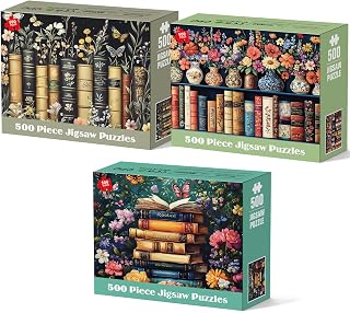 3 Pack Wildflower Puzzles for Adults 500 Pieces, Vintage Flower Book Puzzle, Recycled Cardboard Plant Jigsaw Puzzle for Book Lover, Floral Art Bookshelf Library Puzzles Challenging Gift for Seniors