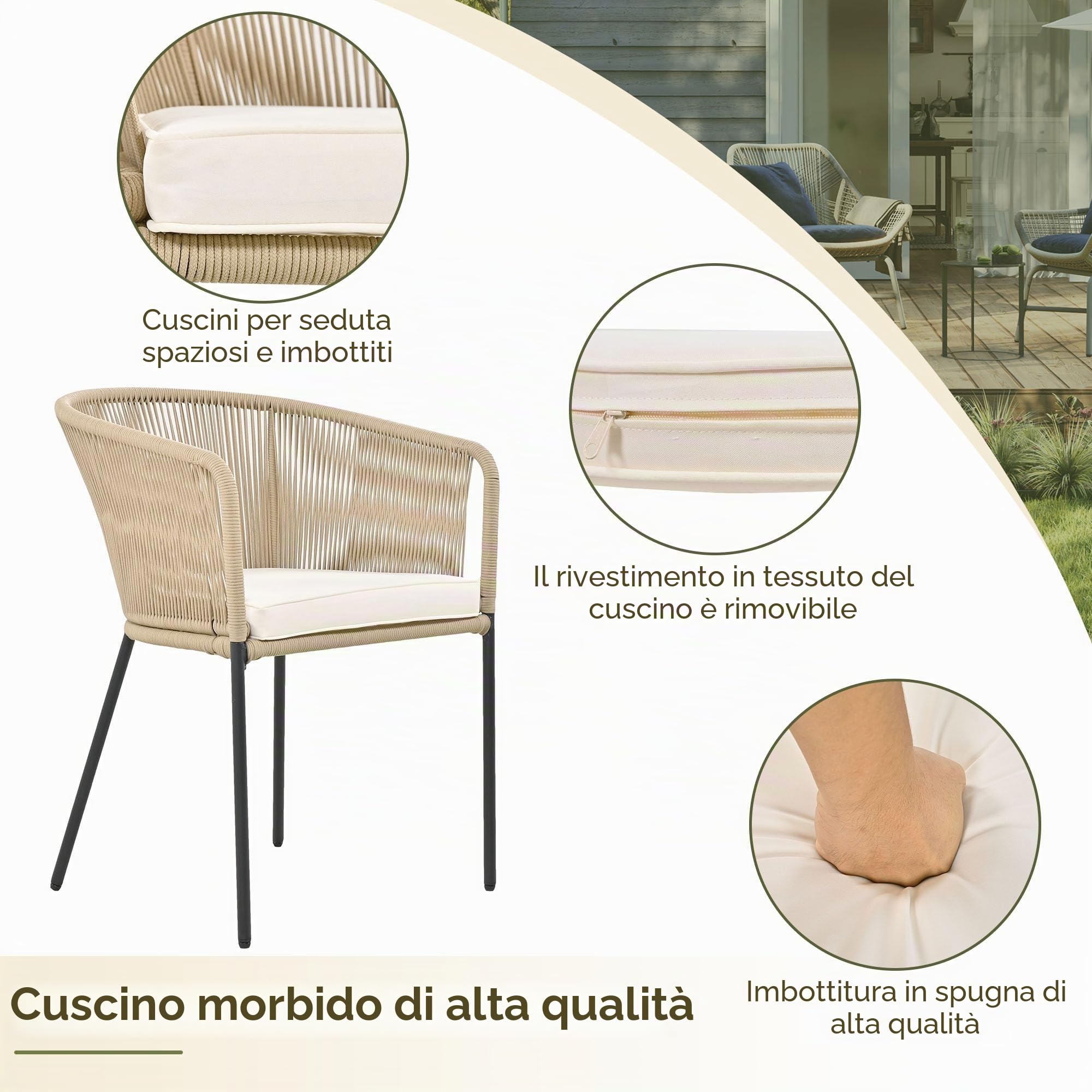 Set da Pranzo da Giardino 7 Pezzi, Set da giardino in Corda per 6 persone, 6 Poltrone e 1 Tavolo in legno di acacia, Mobili da giardino, Balcone