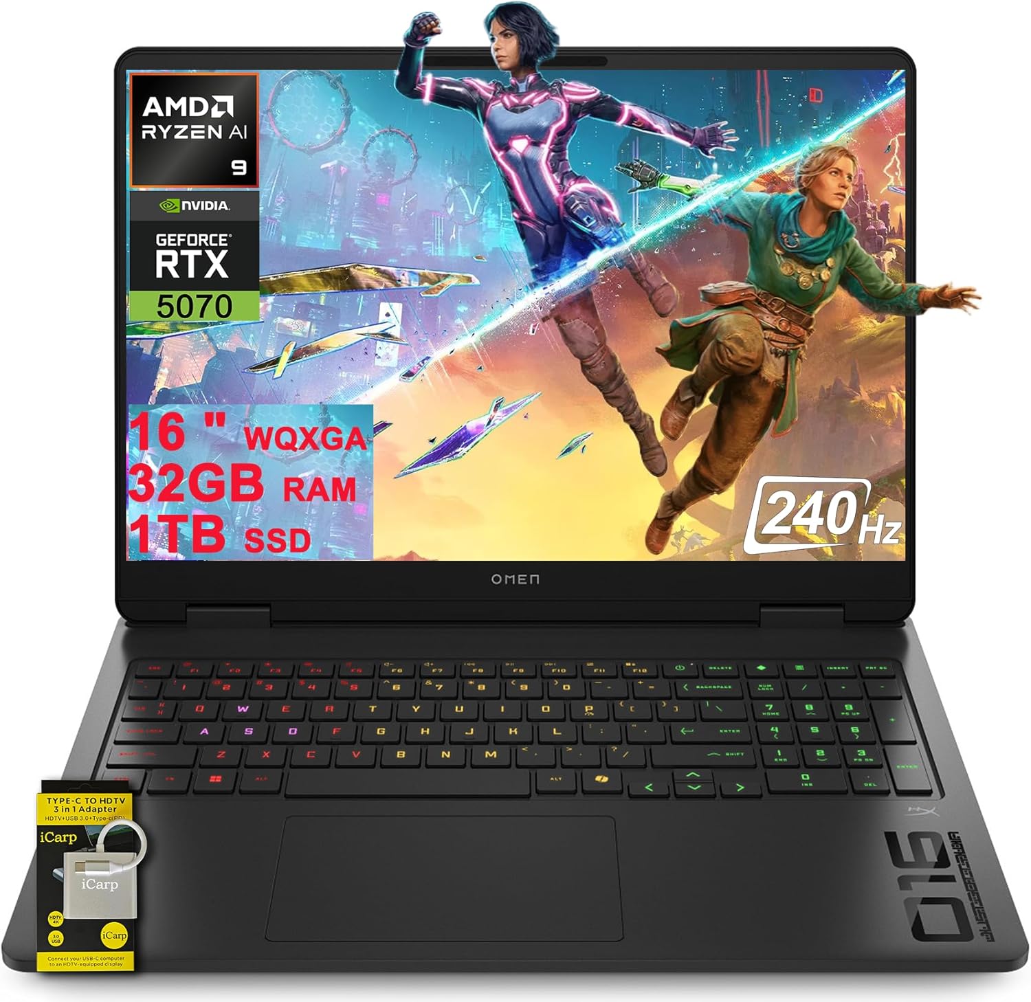 HP Omen 16 Gaming AI Laptop 16″ WQXGA 240Hz (500nits, 100% sRGB) AMD 10-core Ryzen AI 9 365 (Up to 50 Tops) 32GB RAM 1TB SSD GeForce RTX 5070 GDDR7 DLSS4 (Up to 988 Tops) RGB Backlit Win11 w/ICP Hub HP Omen 16 Gaming AI Laptop 16″ WQXGA 240Hz (500nits, 100% sRGB) AMD 10-core Ryzen AI 9 365 (Up to 50 Tops) 32GB RAM 1TB SSD GeForce RTX 5070 GDDR7 DLSS4 (Up to 988 Tops) RGB Backlit Win11 w/ICP Hub
