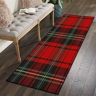 KSHJSURIMCNNL Area Runner Rug 2x6 Ft Black Green Red and White Tartan Plaid Seamless Flannel Shirt Tartan Non Skid Floor Mat for Living Room Kids Room Bedroom Kitchen Floor Hallways Carpet Throw Rugs