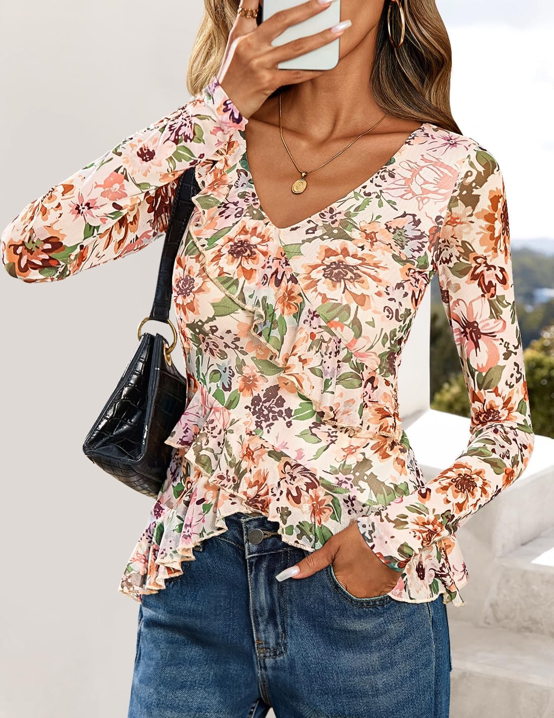 ZESICA Women's Long Sleeve Floral Shirts V Neck Going Out Ruffle Tops Blouses 2026 Fall Fashion Clothes Outfits - Image 4