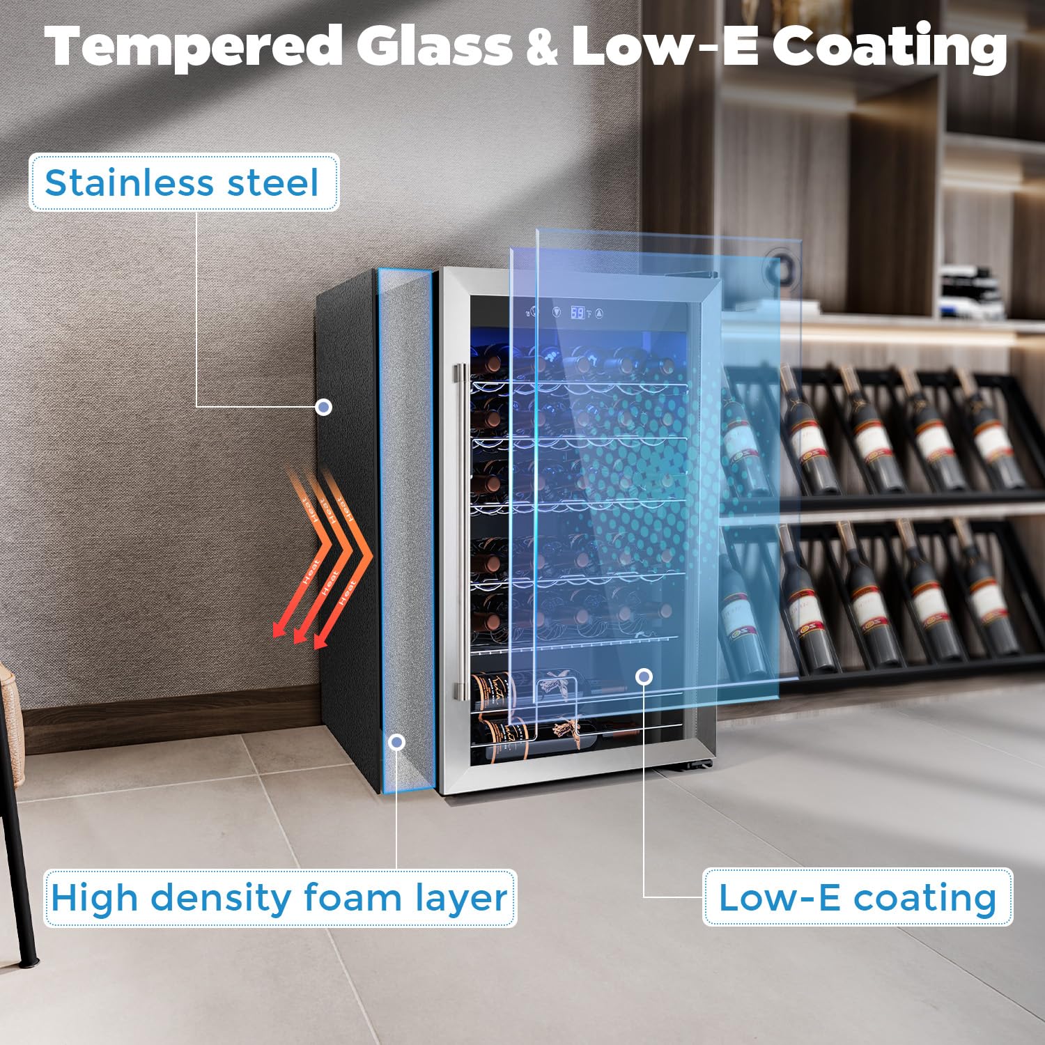 Cowsar 37 Bottle Wine Fridge, 4.45 Cu.Ft Freestanding Commercial Beverage Refrigerator With Reversible Double Pane Glass Door & Adjustable Wavy Wire Shelves, Wine Cooler For Kitchen Bar, Silver on Fridge.com - View 5