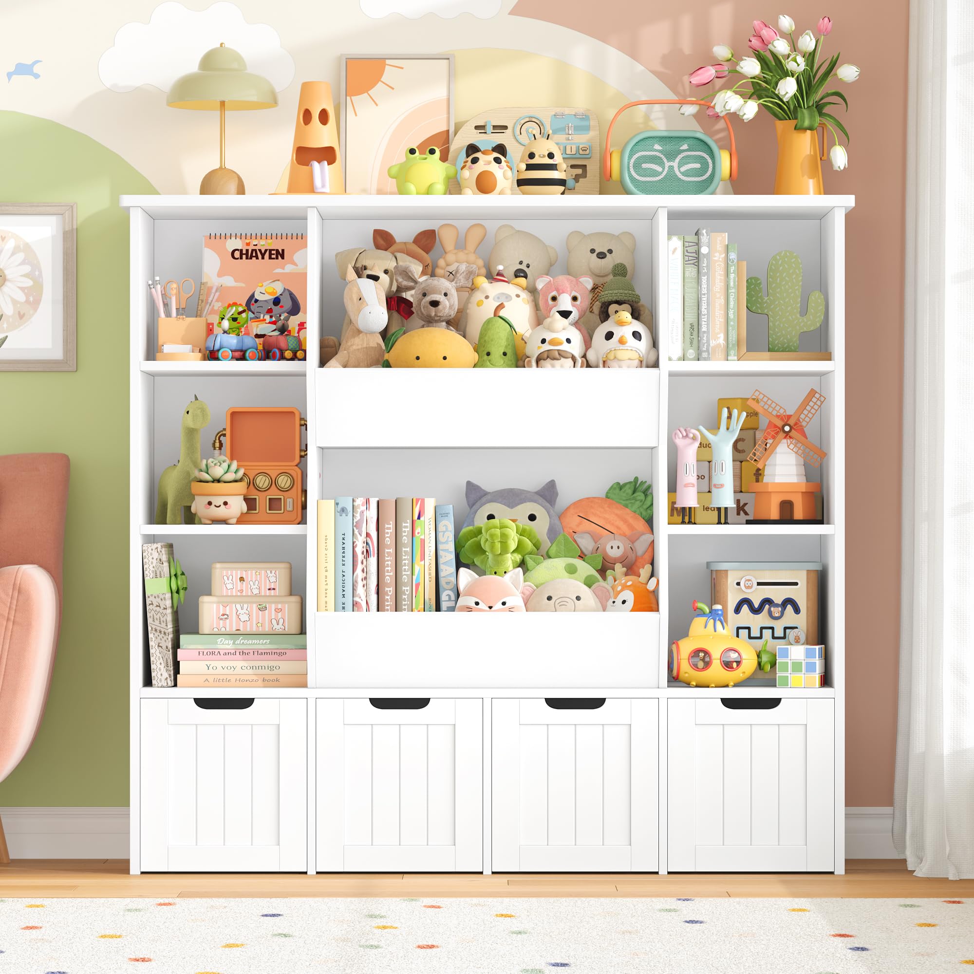 FOREHILL Mueble Organizador Juguetes, Mueble Almacenaje Juguetes, Estanteria Montessori, Organizador de Juguetes Infantil, Estanteria Infantil, 4 Cajones con Ruedas, 8 Compartimentos, Blanco