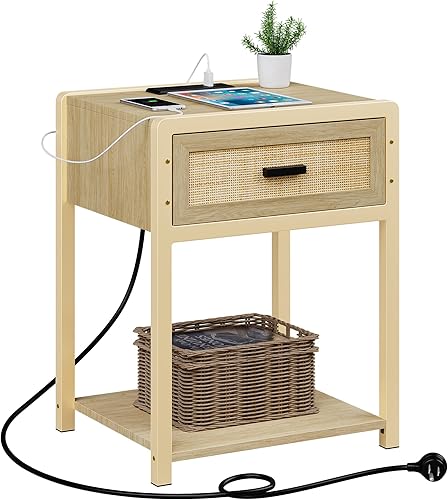 Miniatura 1 de Amyove Mesita de noche con estación de carga, mesa auxiliar con cajón de ratán de madera, estante de almacenamiento abierto y marco dorado de metal,
