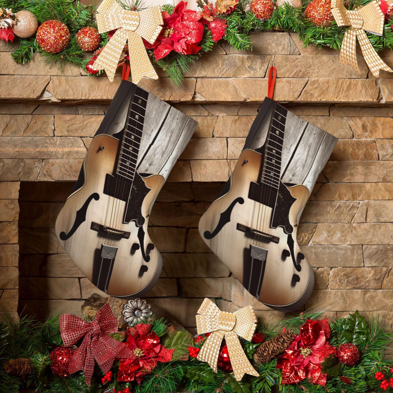 Guitar Pictures Christmas Stockings 18 Inches Velvet Xmas Fireplace Hanging Stocking Rustic Christmas Santa Stockings for Home Christmas Decorations Party Favor Supplies