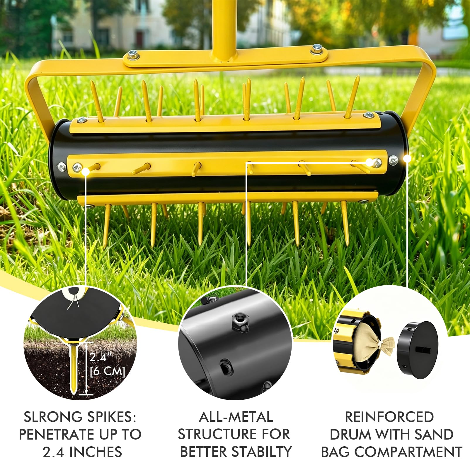 LIROPAU Rasenlüfter Walze, Rasenbelüfter Manuell, Handvertikutierer Rollend mit 36 Nägeln 5.8cm & T-Griff, Rasenbelüfter Gartenwalze, Vertikutierer Rasenwalze für Garten, Hof, Terrasse, 146 x 40cm