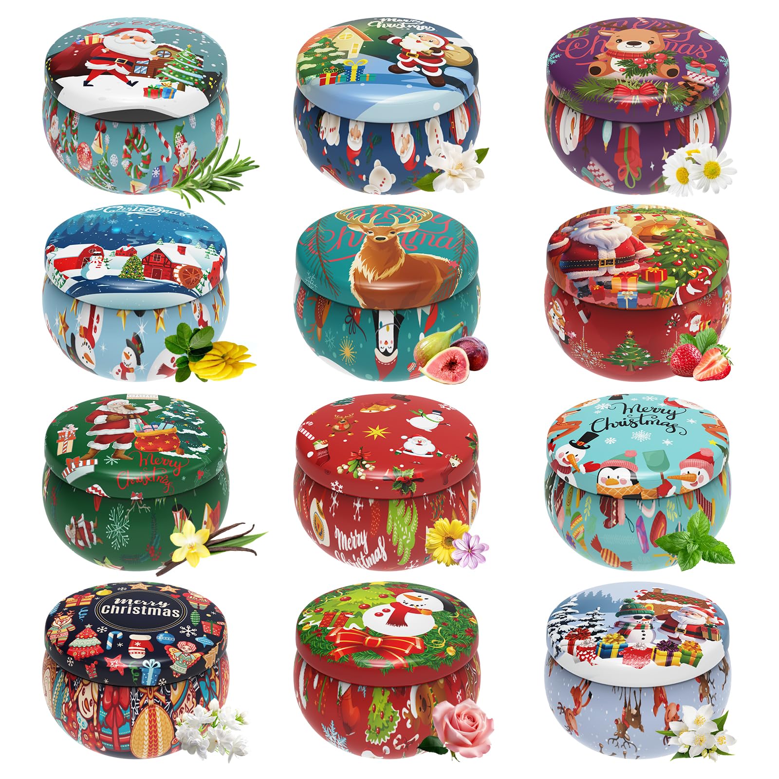 Primevolve Lot de 12 bougies de Noël parfumées pour femme, aromathérapie à la maison, parfum fort, longue durée, boîte de voyage portable pour spa, bain, yoga