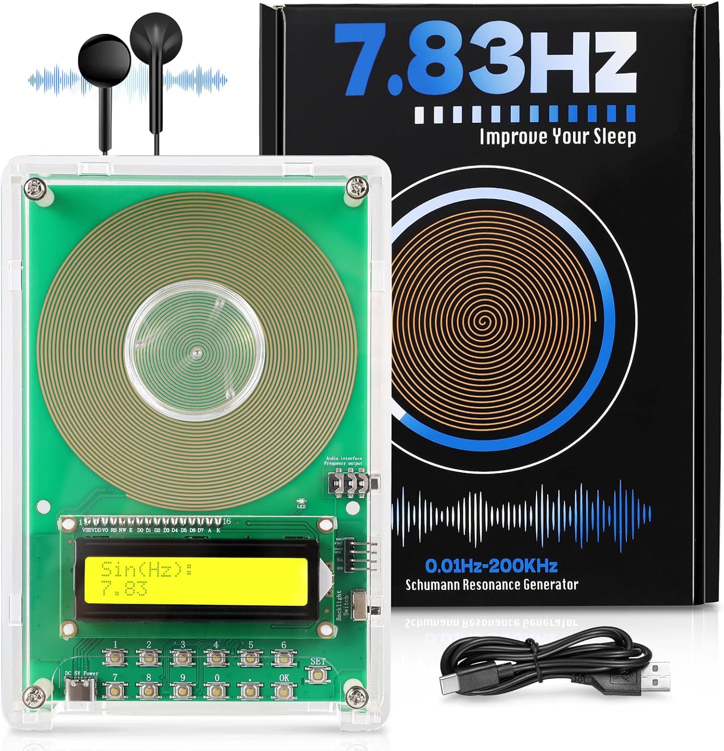 ‌XIKDS 7.83Hz Frequency Generator for Healing | Schumann Resonance Generator (Adjustable 0.01Hz-200kHz) for Deep Sleep, Meditation, Yoga & Stress Relief | Type-C Powered LCD Display‌