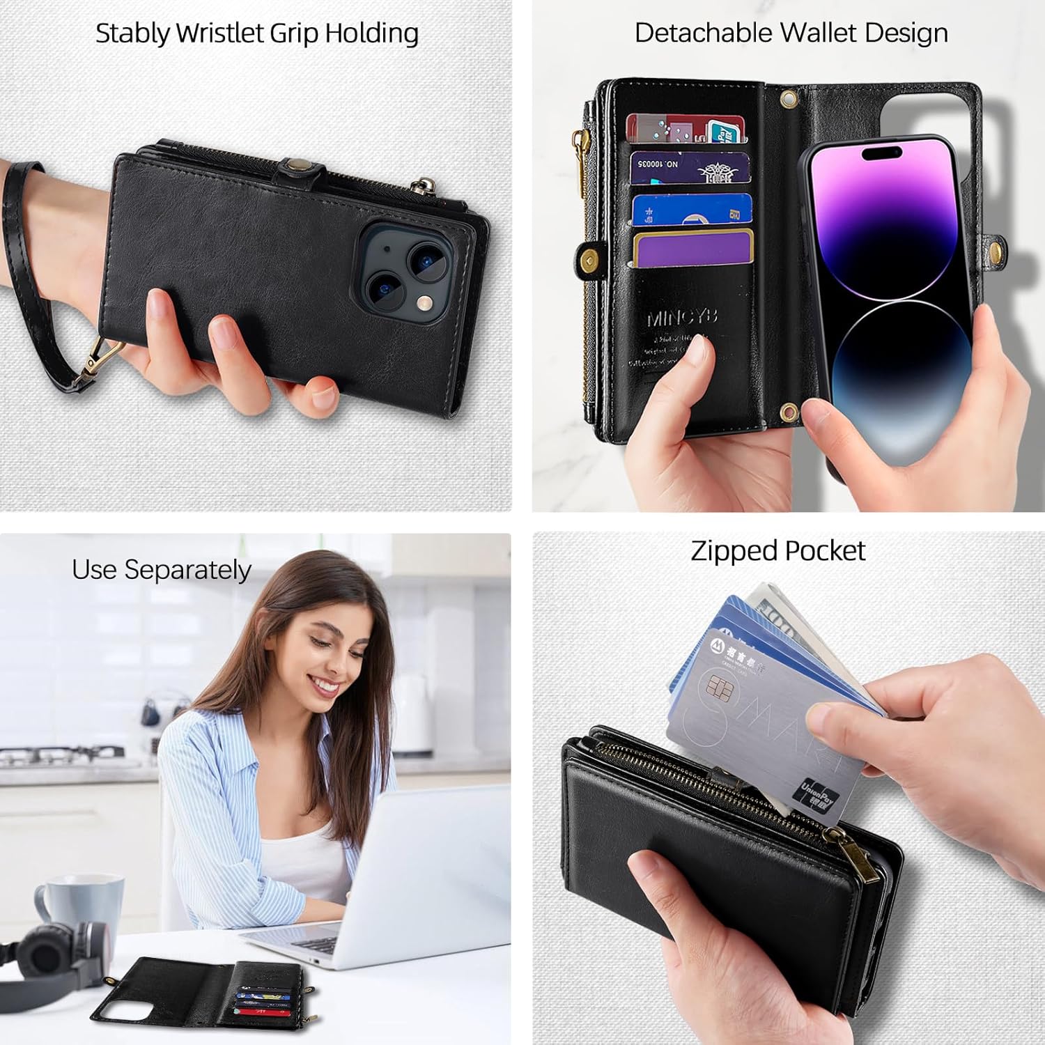 MInCYB for iPhone 16 Pro Max Wallet Case with Crossbody Strap & Magnetic Detachable PU Leather RFID Blocking Card Holder for Women Men, 6.7" - Black