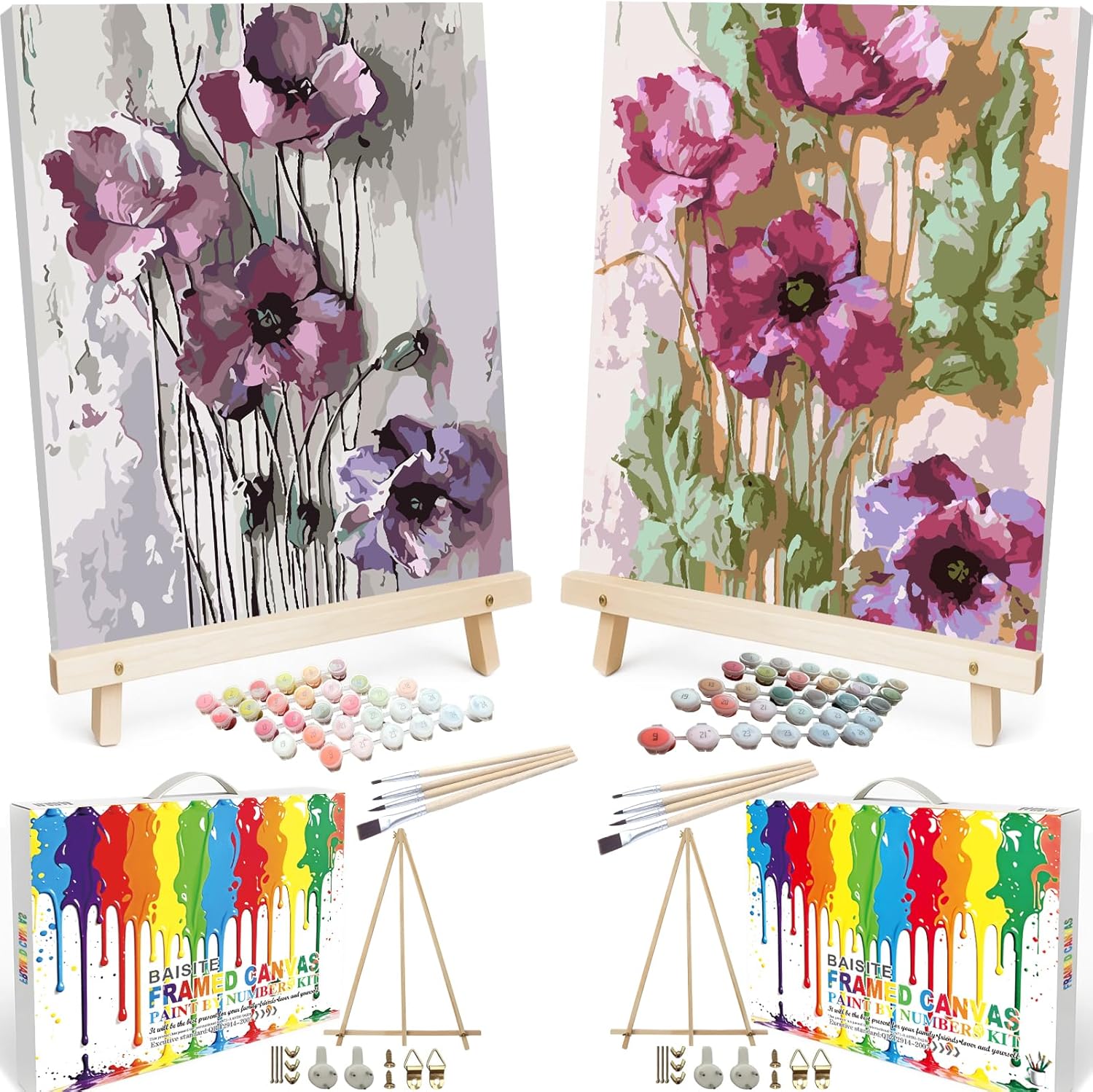 BAISITE Paint by Numbers Kit for Adults Beginners,20" Wx16 L Canvas for Painting Kits for Adults in Colorful Box Poppy Flowers-BSC002-Already Stretched on a Wooden Frame