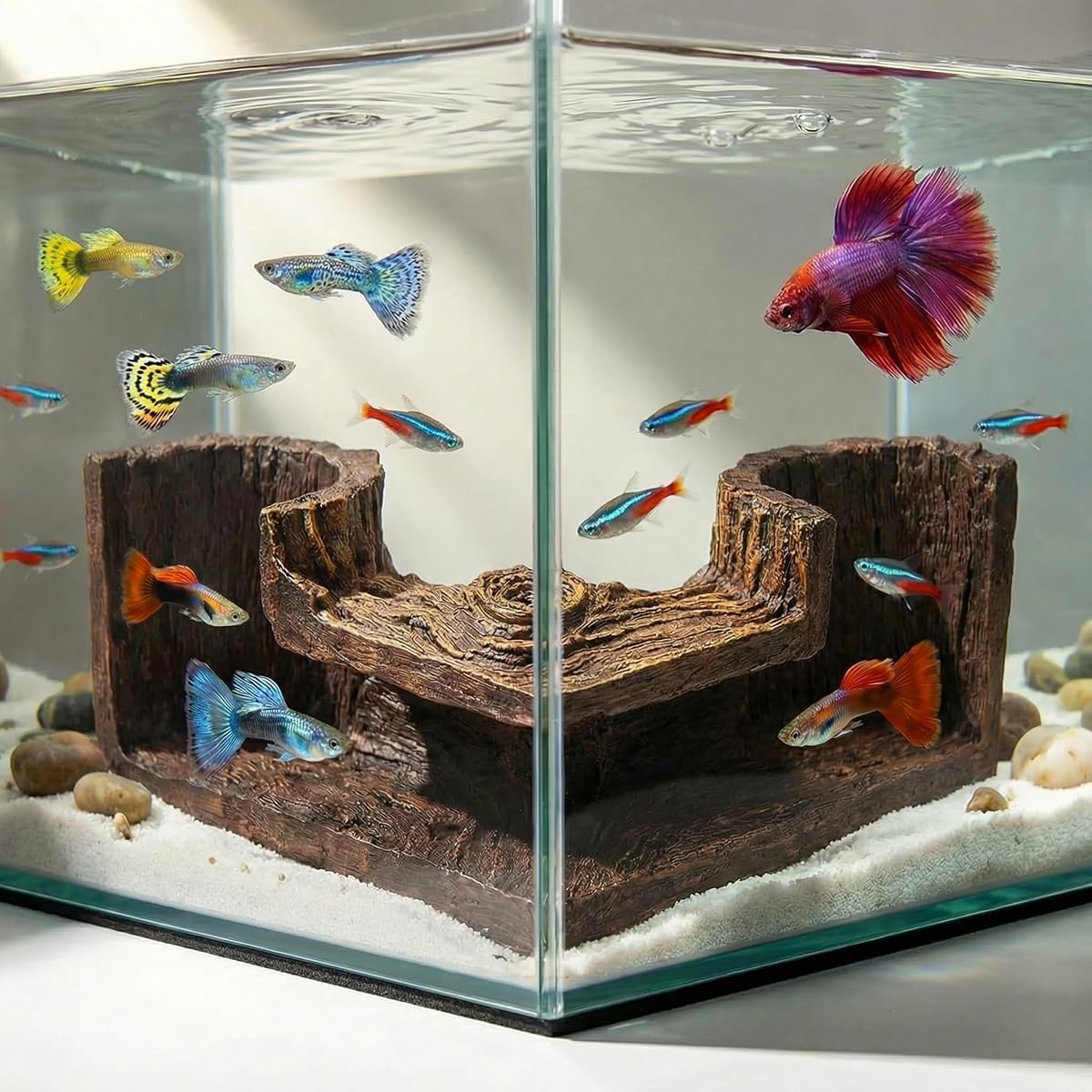 Wood-Like Aquarium Cave, Stackable Corner Hideout for Betta Fish | 5.1-Inch Resin Fish Tunnel with Smooth Openings, Natural Aquarium Decor for Guppy, Neon Tetra, Corydoras and Small Fish