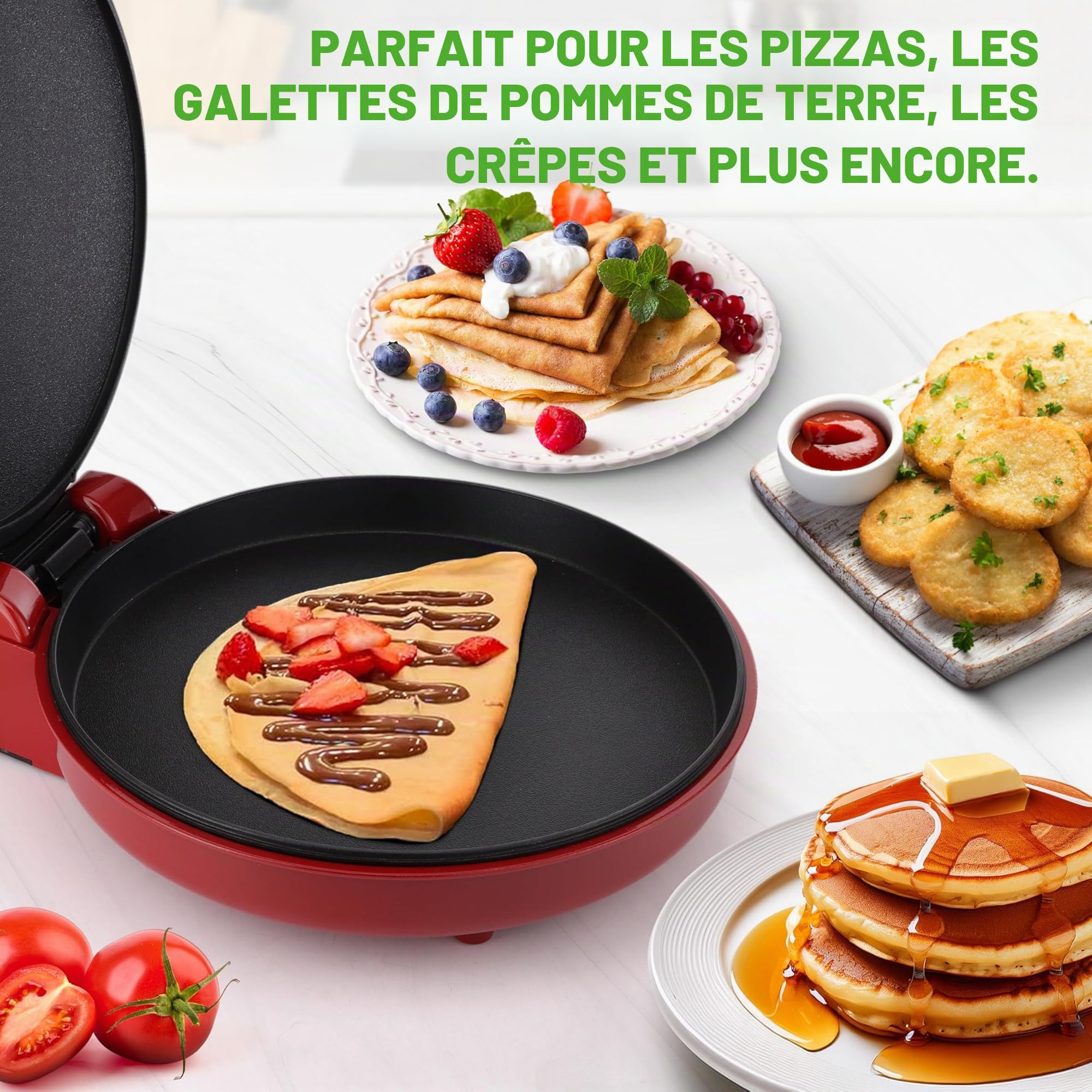 NutriChef Four à Pizza Électrique 1500W - Appareil de Cuisson Antiadhésif Ø30 cm - Idéal pour Pizza Maison, Pain Grillé, Œufs, Crêpes & Plus - Compact, Poignées Froides, Température 80-200°C - Rouge
