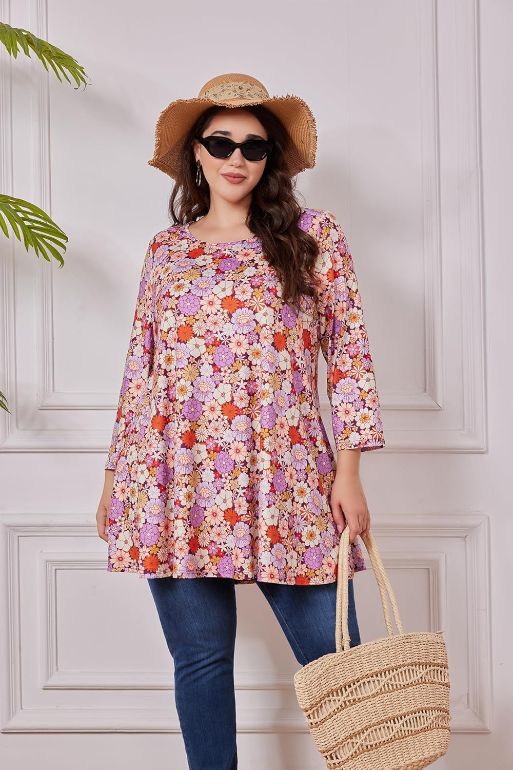 Womens Plus Size Tunic Tops 3/4 Sleeve Loose Fit Dressy Top Blouses Casual Floral Swing Fall Tunics for Leggings 1X-6X - Image 5