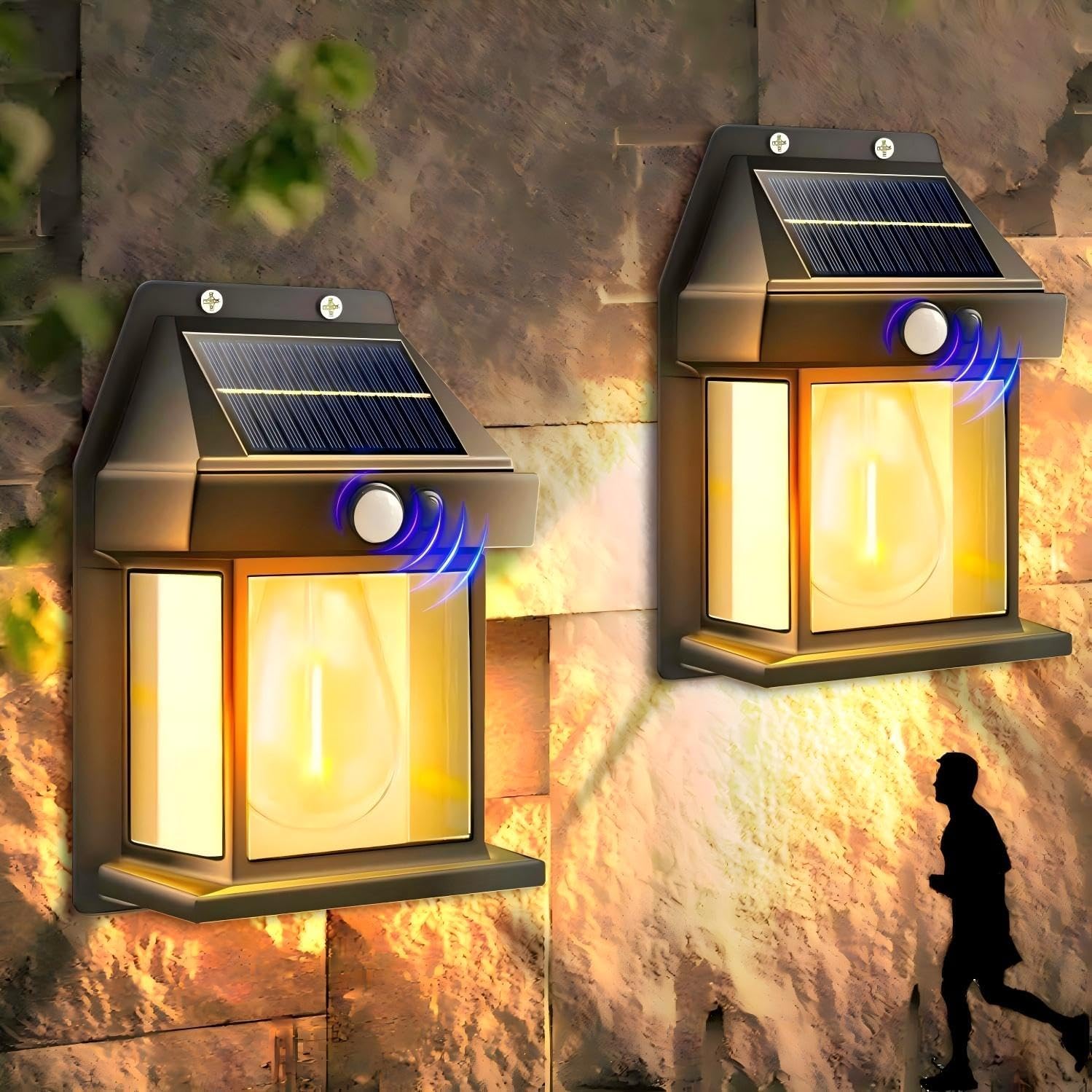 2-Pack 8.2" H Outdoor Solar Powered Wall Sconce Lights Dawn to Dusk Motion Sensor 3 Lighting Modes for Porch Garage House Patio Shed Barn Door Yard Outside Decorative Waterproof -Black.
