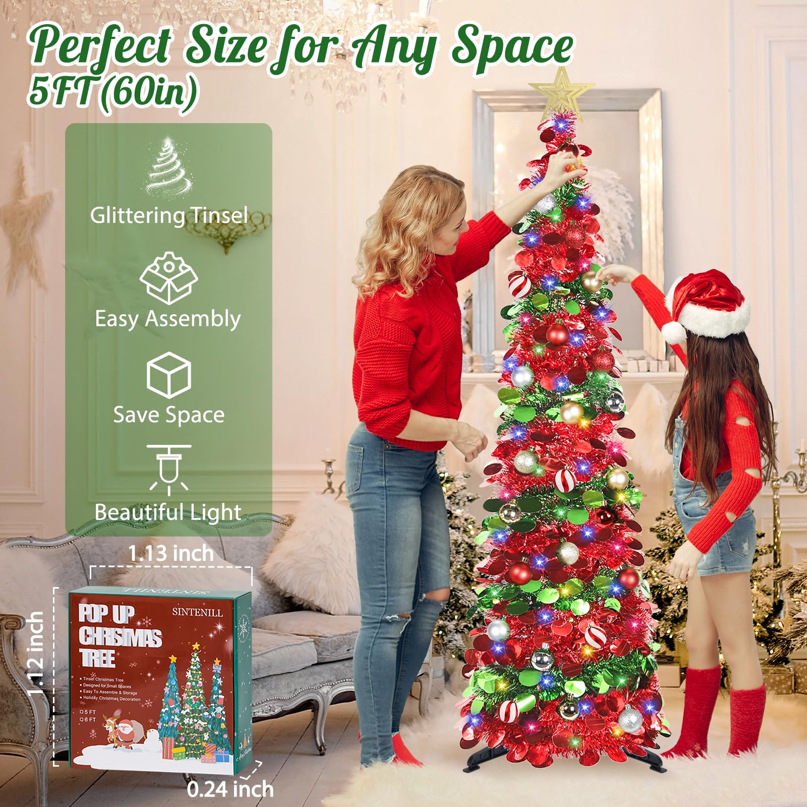 Árbol de Navidad desplegable de 5 pies con luces de temporizador y decoraciones, árbol de Navidad de oropel rojo y verde con 24 adornos de bolas, árbol de Navidad plegable para el hogar,