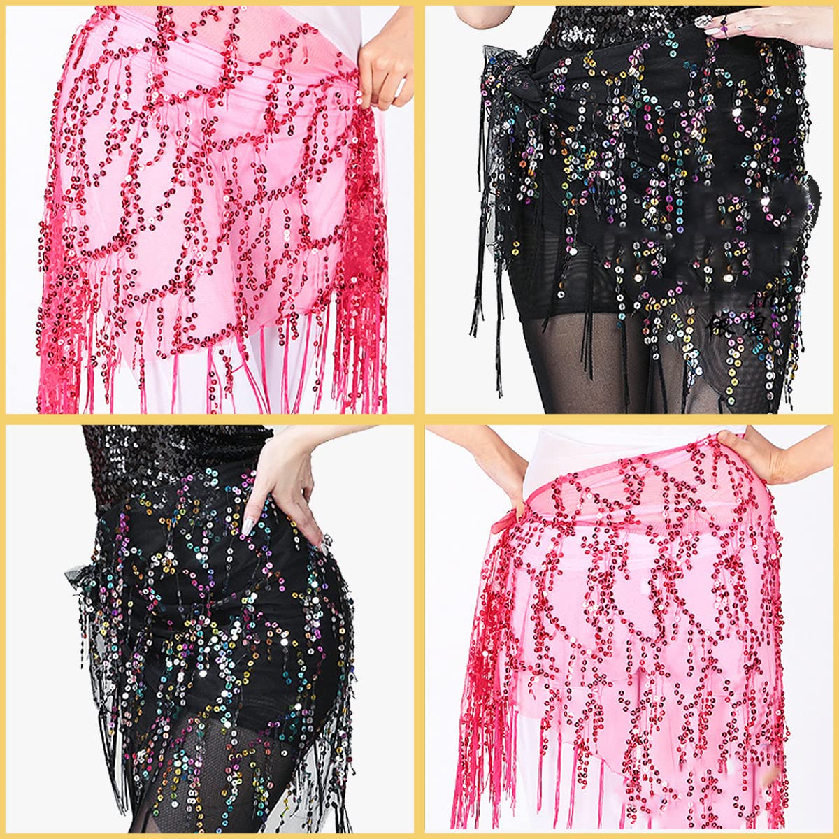 SamHeng Falda con borlas de lentejuelas, faldas de danza del vientre Rave Fringe Hip Bufanda Latin Dance Hula Hip Belt, Glitter Bohemian Skirt para mujeres y niñas Festival Dance Performance