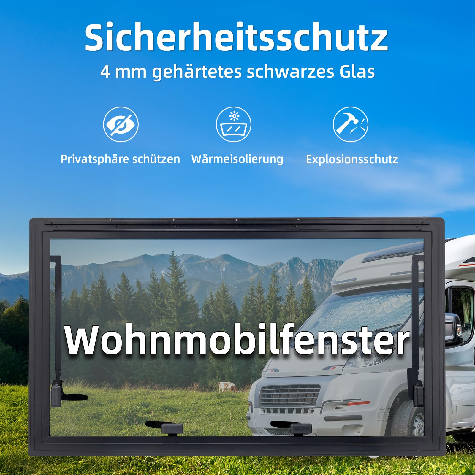 Ausstellfenster Camper 900x500mm, Wohnmobilfenster Seitenfenster mit integriertem Rollo & Fliegengitter, RV Push Fenster für Van, Camper & Wohnwagen Fenster