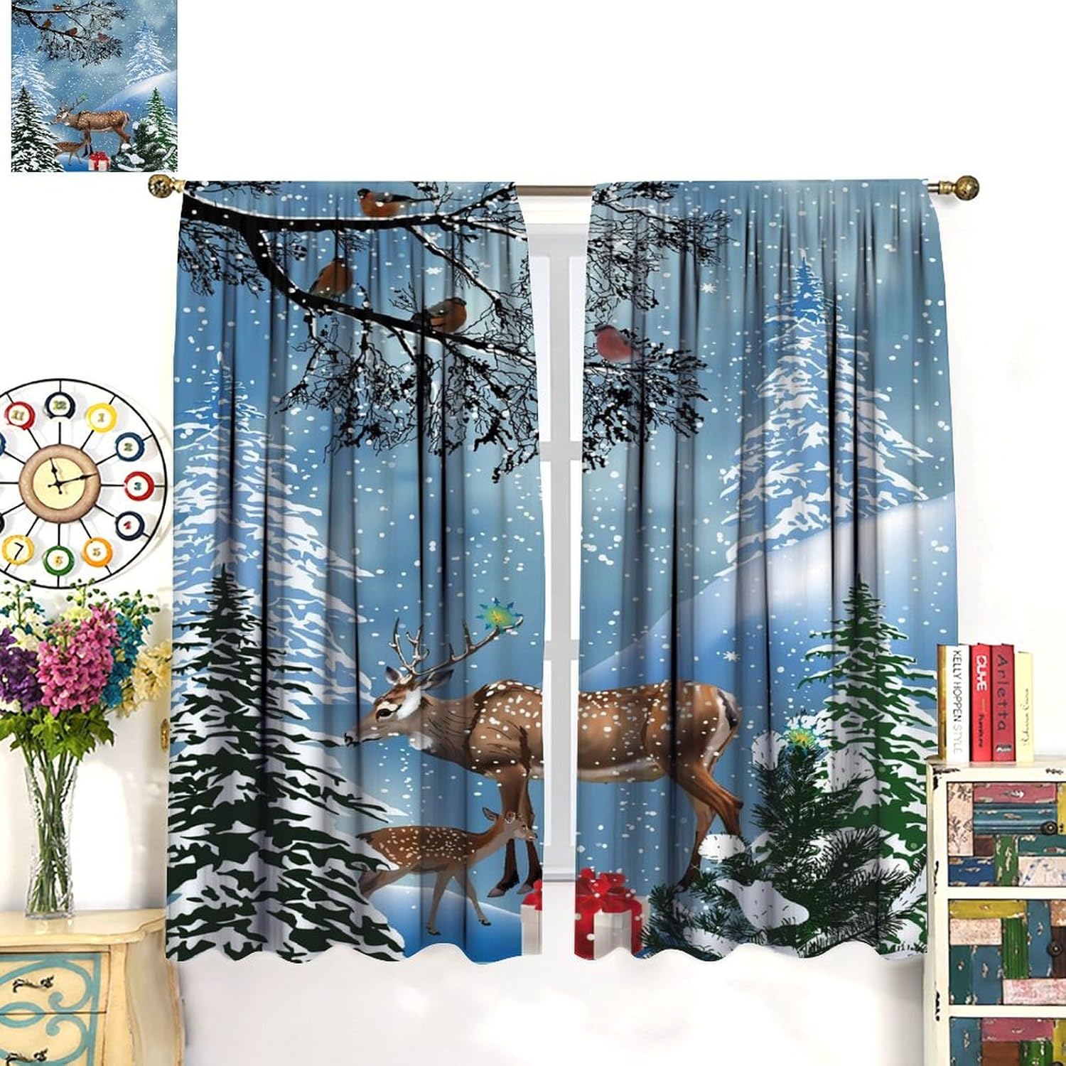 Winter Snowy Forest Blackout Curtains, Pine Tree Deer Snowflake Xmas Rustic Farmhouse Window Drapes, for Christmas Living Room Bedroom 21(W)*45(L) 2 Panels-(Happy Christmas)