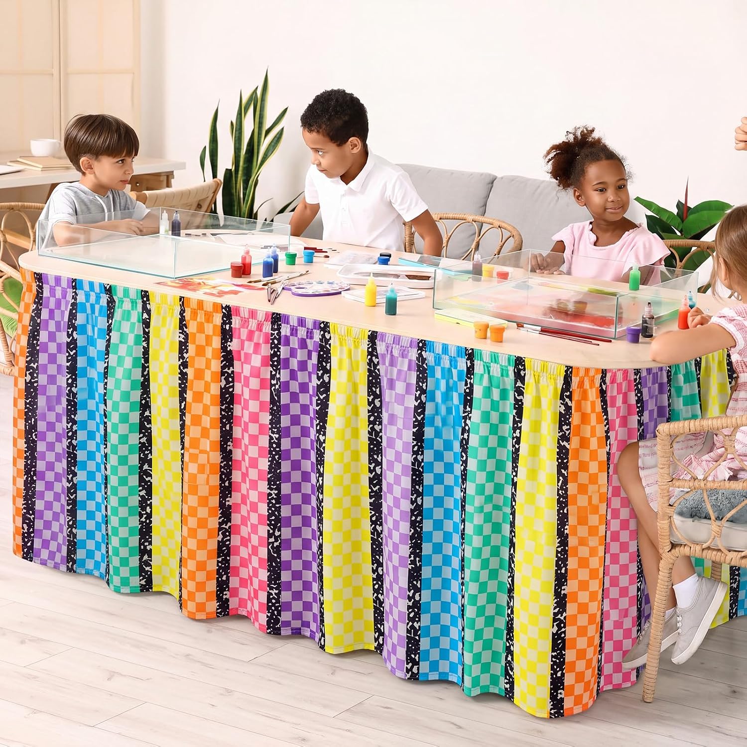 Irenare 9 ft Back to School Table Skirt Composition Notebook Colorful Checkered Polyester Table Skirts Reusable Classroom Decorations for Dorm Office Kidney Shaped Desk Rectangle Tables Decoration