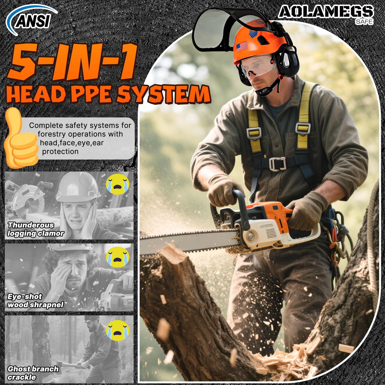 Casco de motosierra con protector facial y orejeras, casco de arborista ventilado con protección auditiva y máscara de malla completa, casco forestal aprobado por OSHA con protección