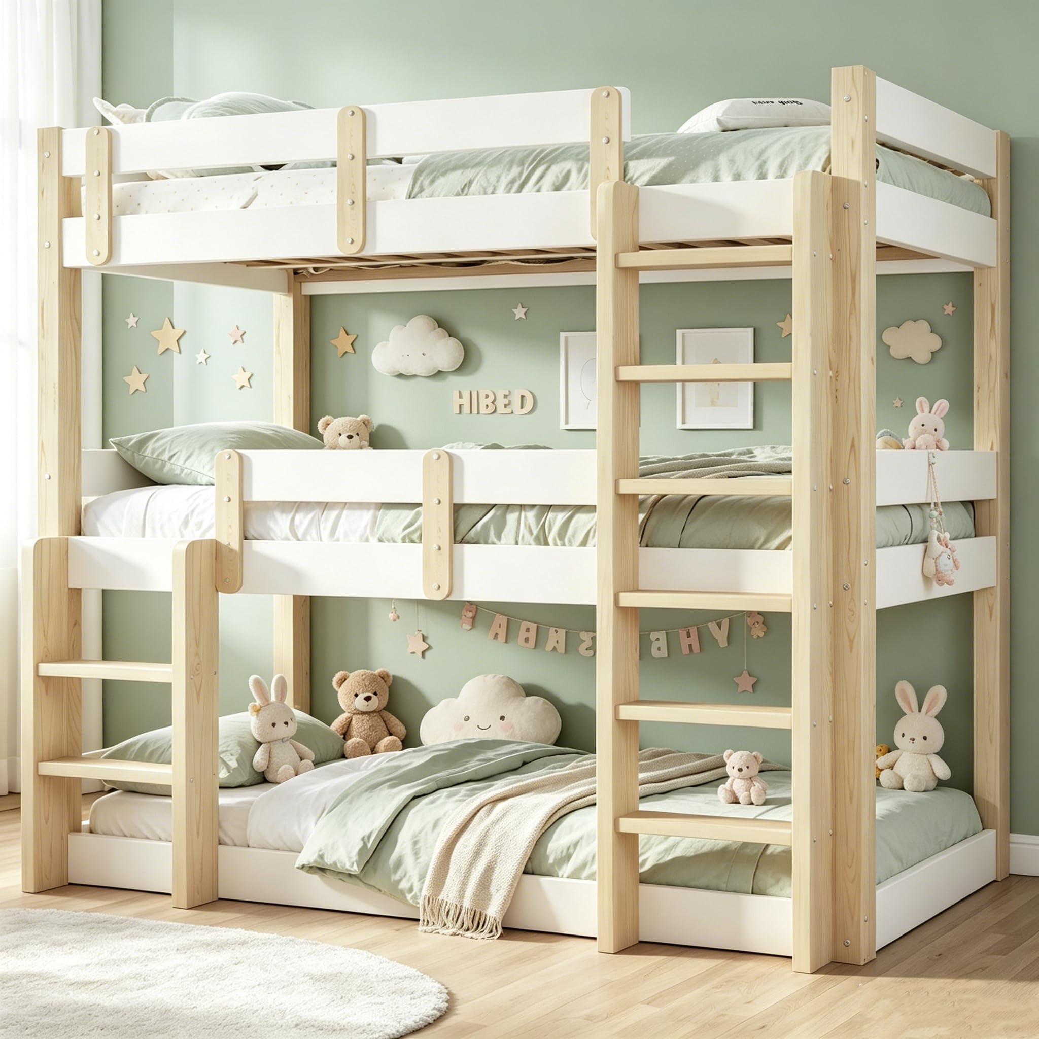 Lit Superposé Triple 90x190 cm, Lit Enfant en Bois Massif avec Barriere de Sécurité Surélevées, Lit Superposé 3 Places Adolescents et Adultes, Blanc et Naturel