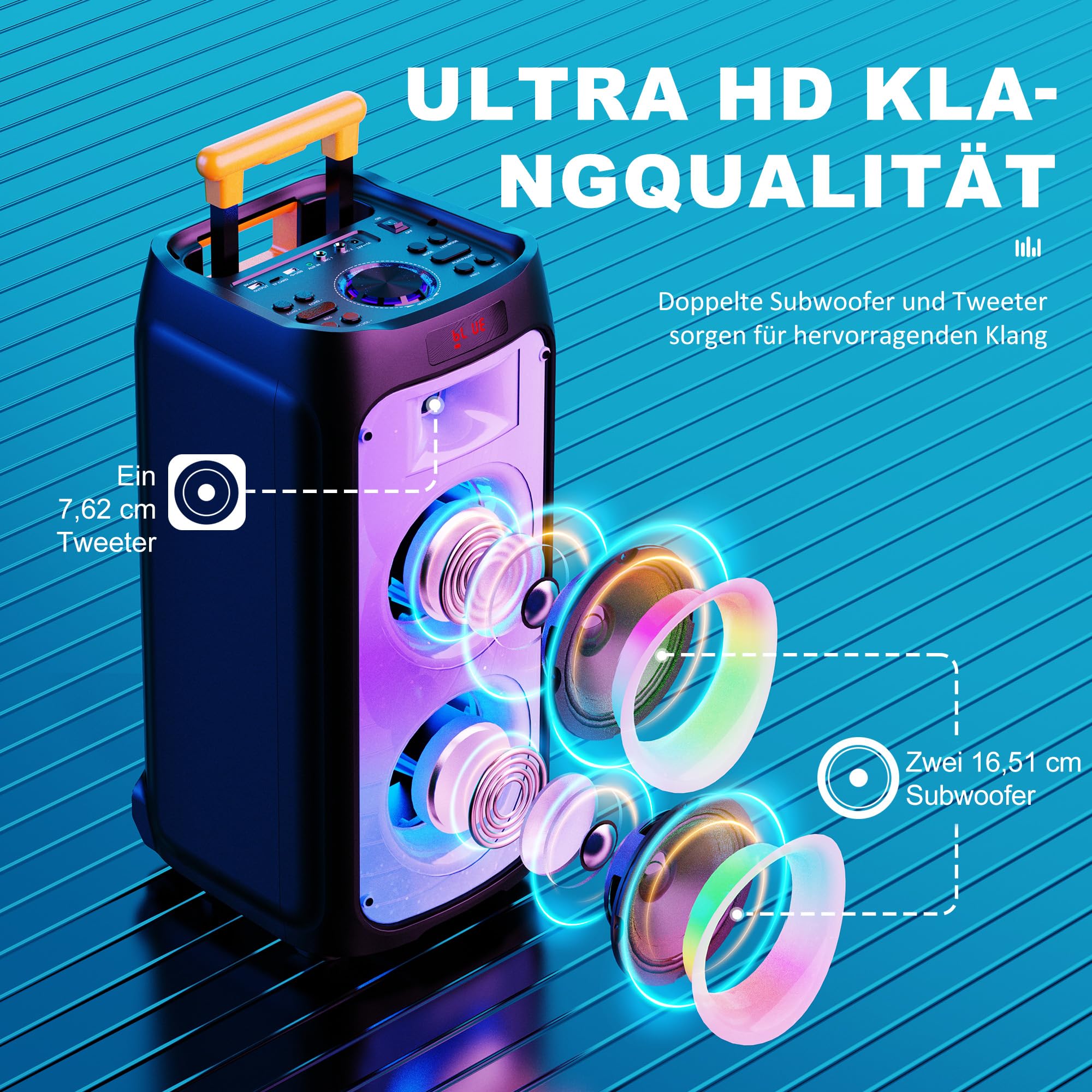JYX Karaoke Anlage mit 2 drahtlosen Mikrofonen, Bluetooth Party Lautsprecher mit Rädern, Disco Lichtern und Subwoofer, 500W PA System für Party, Outdoor und Karaoke, TWS/SD/USB/AUX/Rec