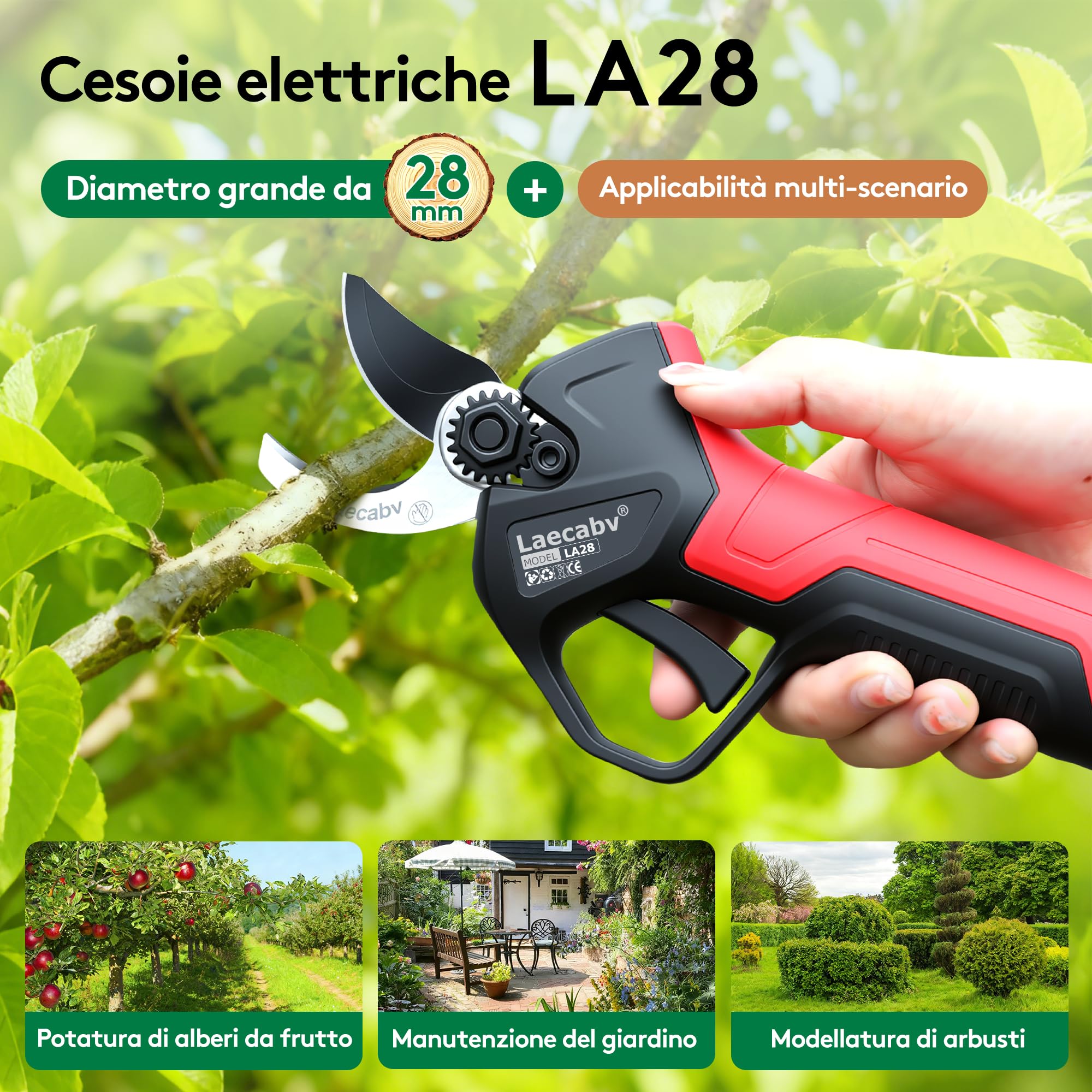 Laecabv 28mm Forbici Potatura Elettriche Forbici e cesoie per potatura Con 2pcs 2000mAh Batteria per Potatura Giardino Albero da Frutta Delle Viti