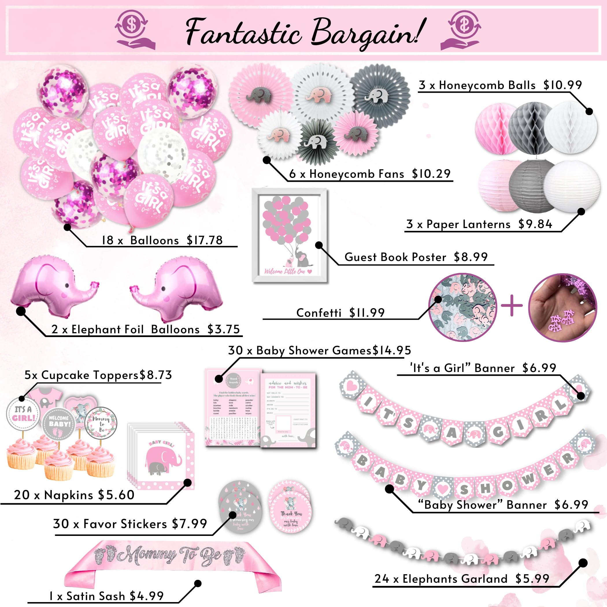Decoraciones para baby shower de elefante para niña Jumbo Bundle | Es una niña | Rosa Gris Blanco