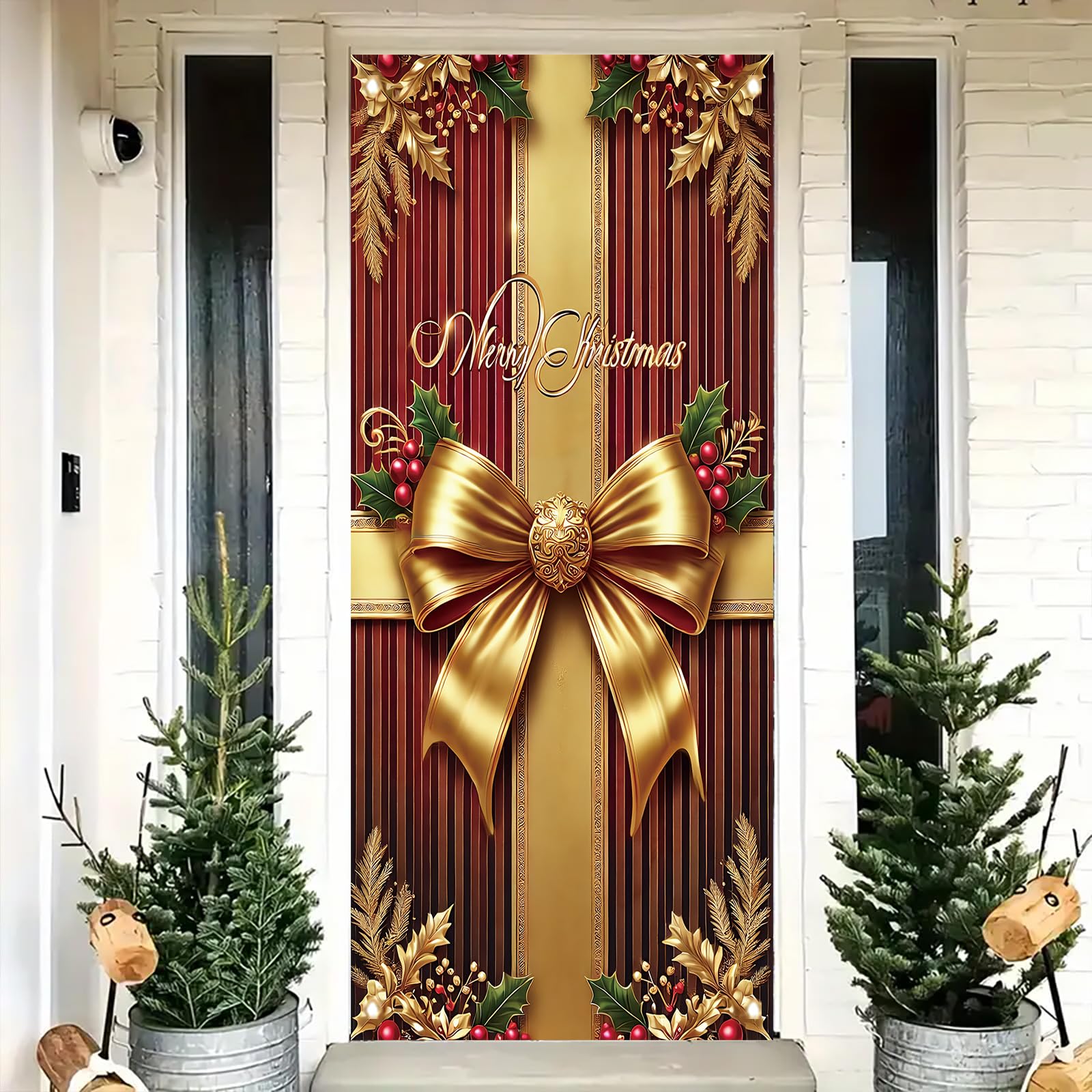 Christmas Door Cover Banner Gold Bow 71 x 35 Inch Merry Christmas Door Cover Elegant Red Stripe Gift Wrap Design Holiday Wall Backdrop Xmas Party Decoration Supplies