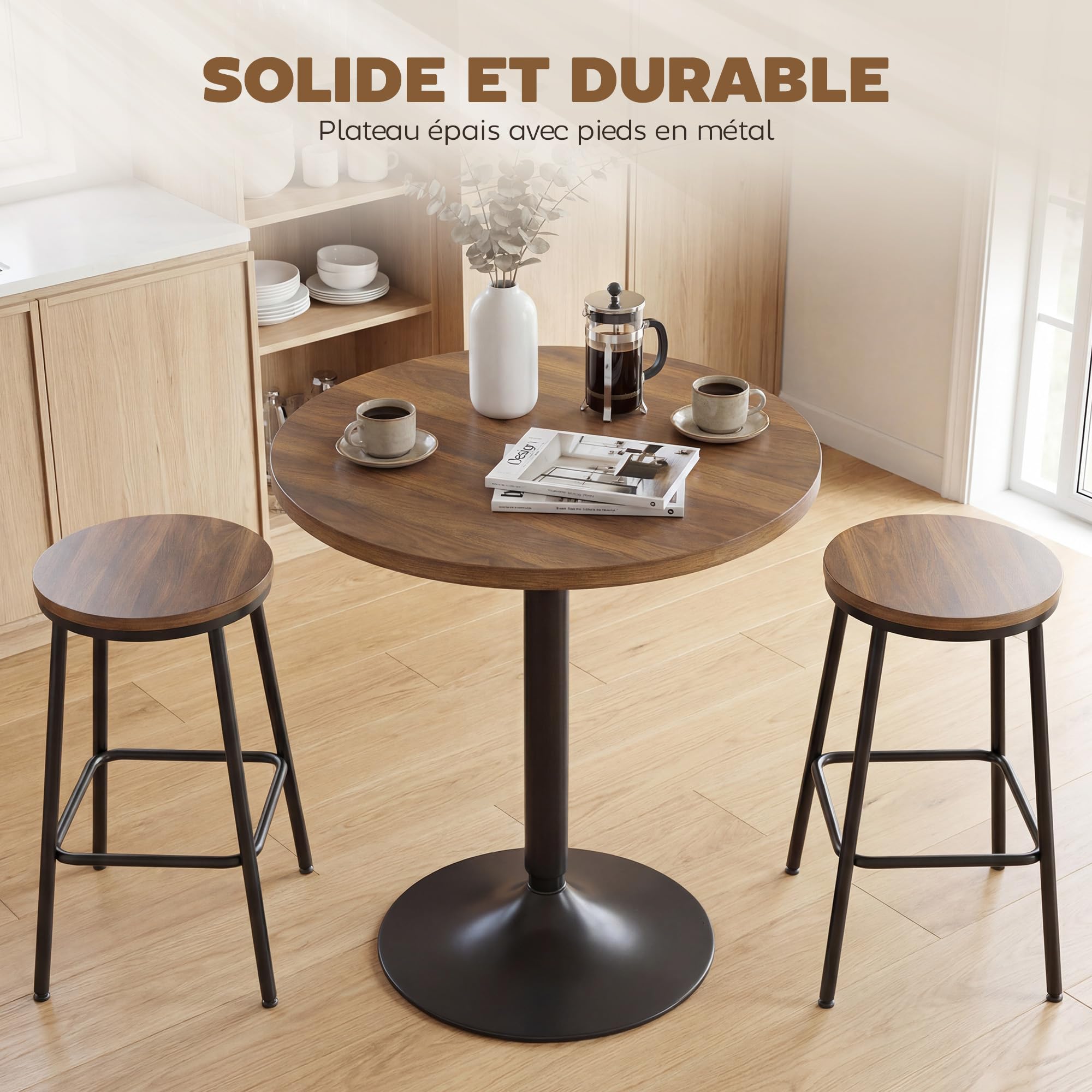 HOMCOM Table de Bar Ronde 60 cm, Table Haute Cuisine Mange-Debout avec Patins antidérapants, Cadre en métal, pour Cuisine, Salon, Noyer