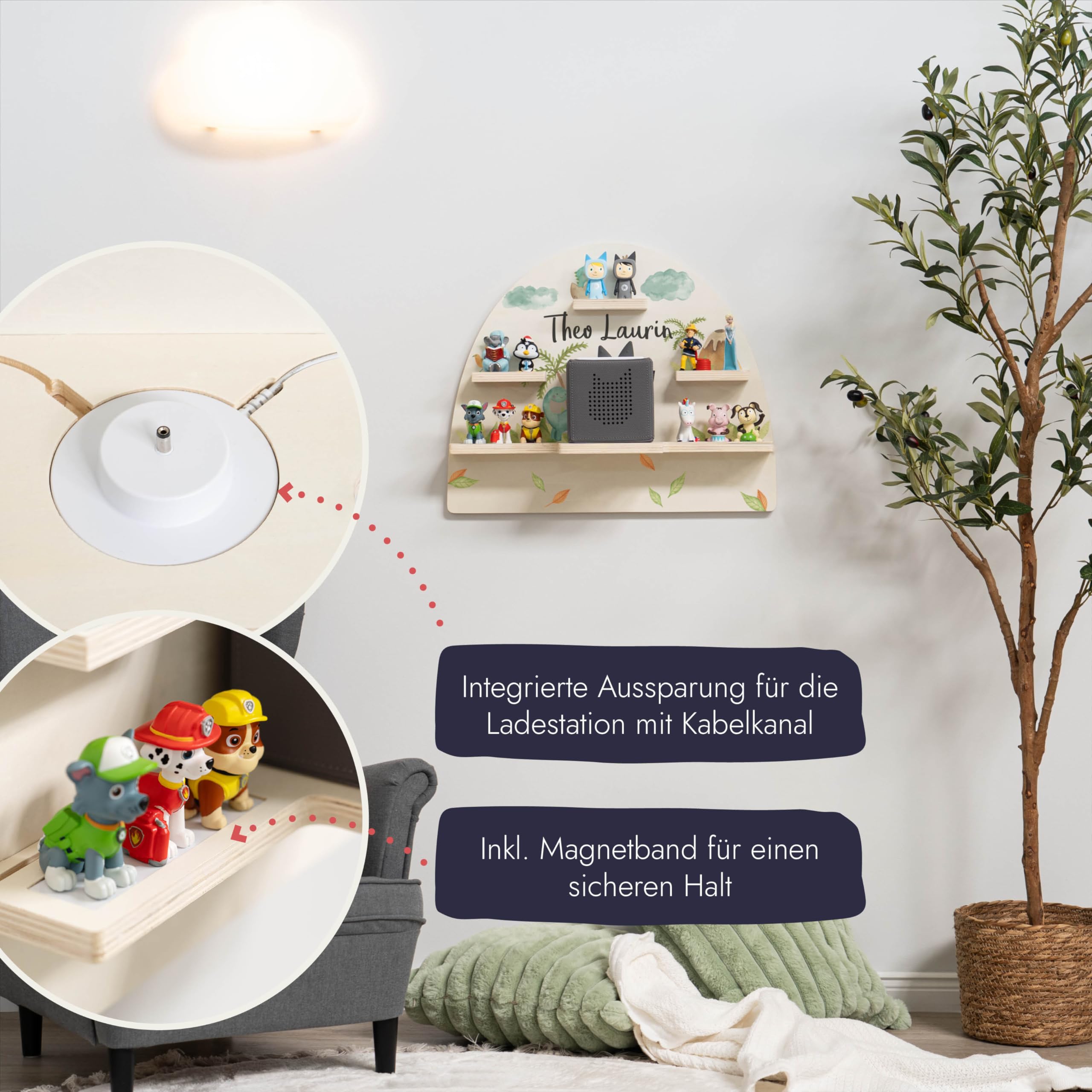 Geschenkfreude Personalisiertes Toniebox Regal für Kinderzimmer - Kinder Wandregal für Tonie Hörfiguren - Magnetisches Tonie Wandregal zur aufbewahrung von Tonieboxen und Figuren – Dino