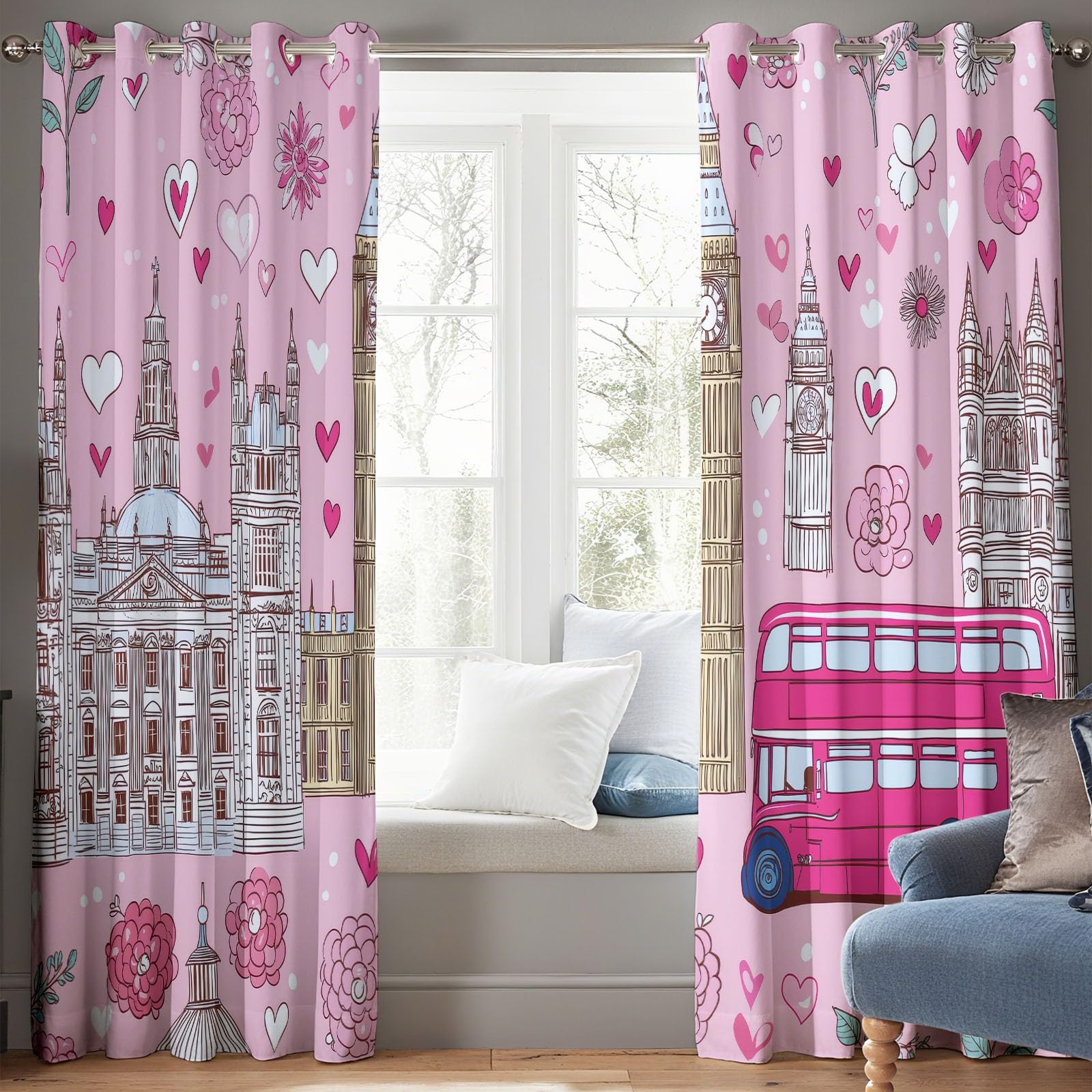 Caricatura Cortinas de Ventana 140 x 260 cm (2 Paneles), Opacas Térmicas Aislantes del Frío y del Calor Edificios Urbanos Rosas Autobús Flores para Dormitorio o Sala de Estar Decoración de Habitación