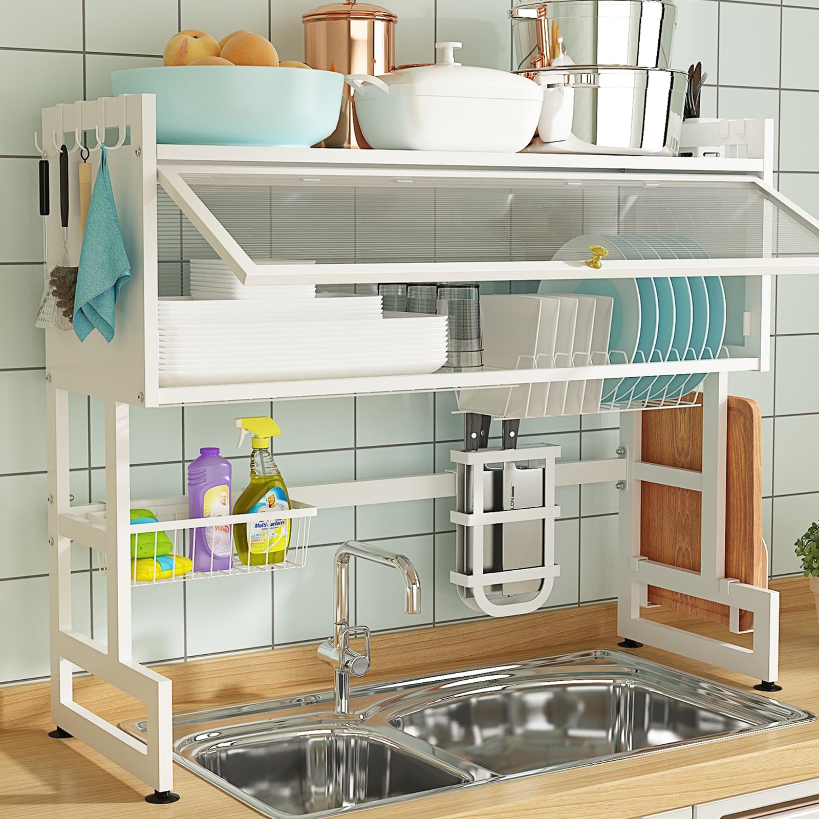 bukfen Dish Drying Rack, Large Stainless Steel Over The Sink 2 Tier Dish Rack with Cover for Kitchen (White Large 37.40 Length)