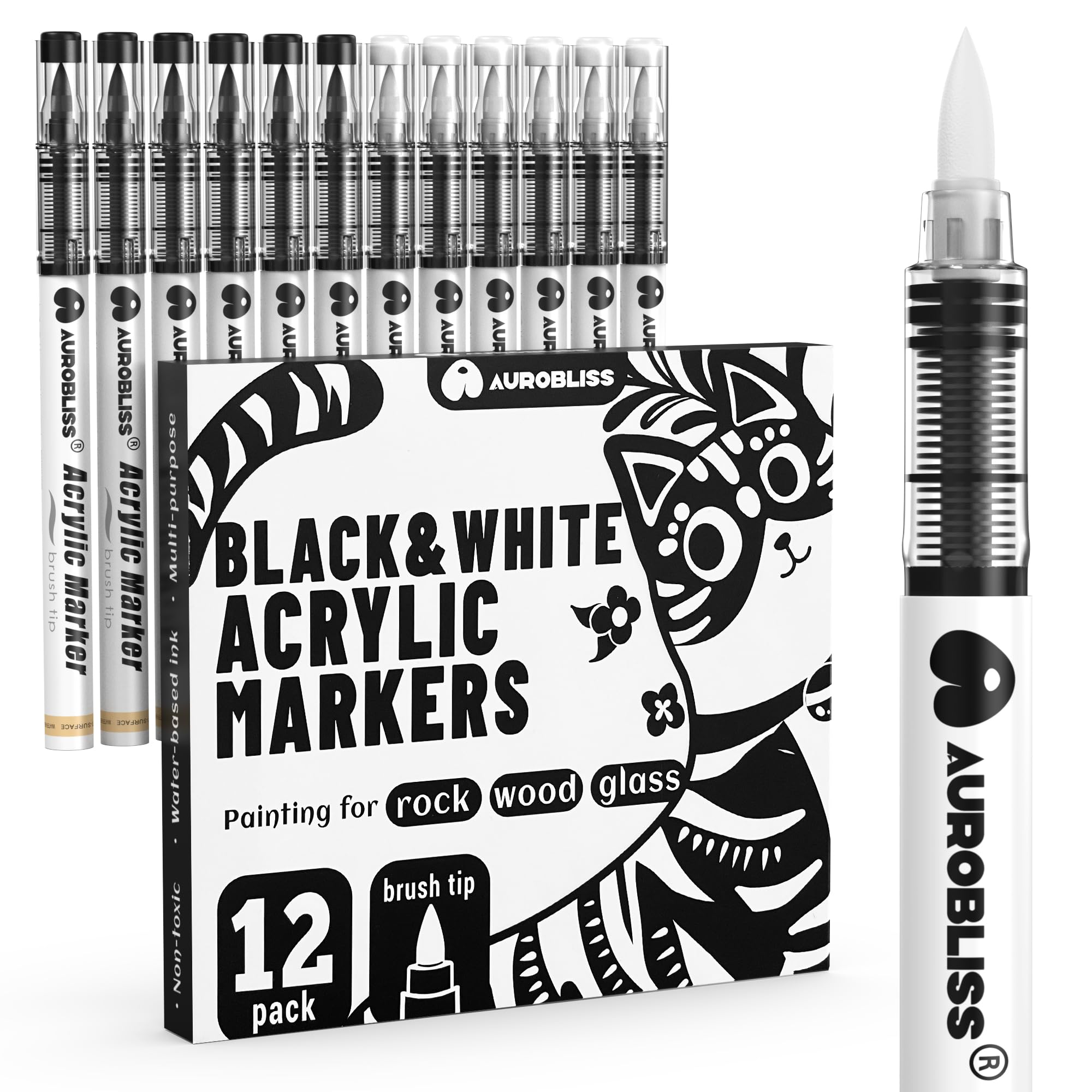 Rotuladores de pintura acrílica en blanco y negro, 12 unidades, marcadores acrílicos flexibles para roca, cerámica, vidrio, madera, pintura de tela