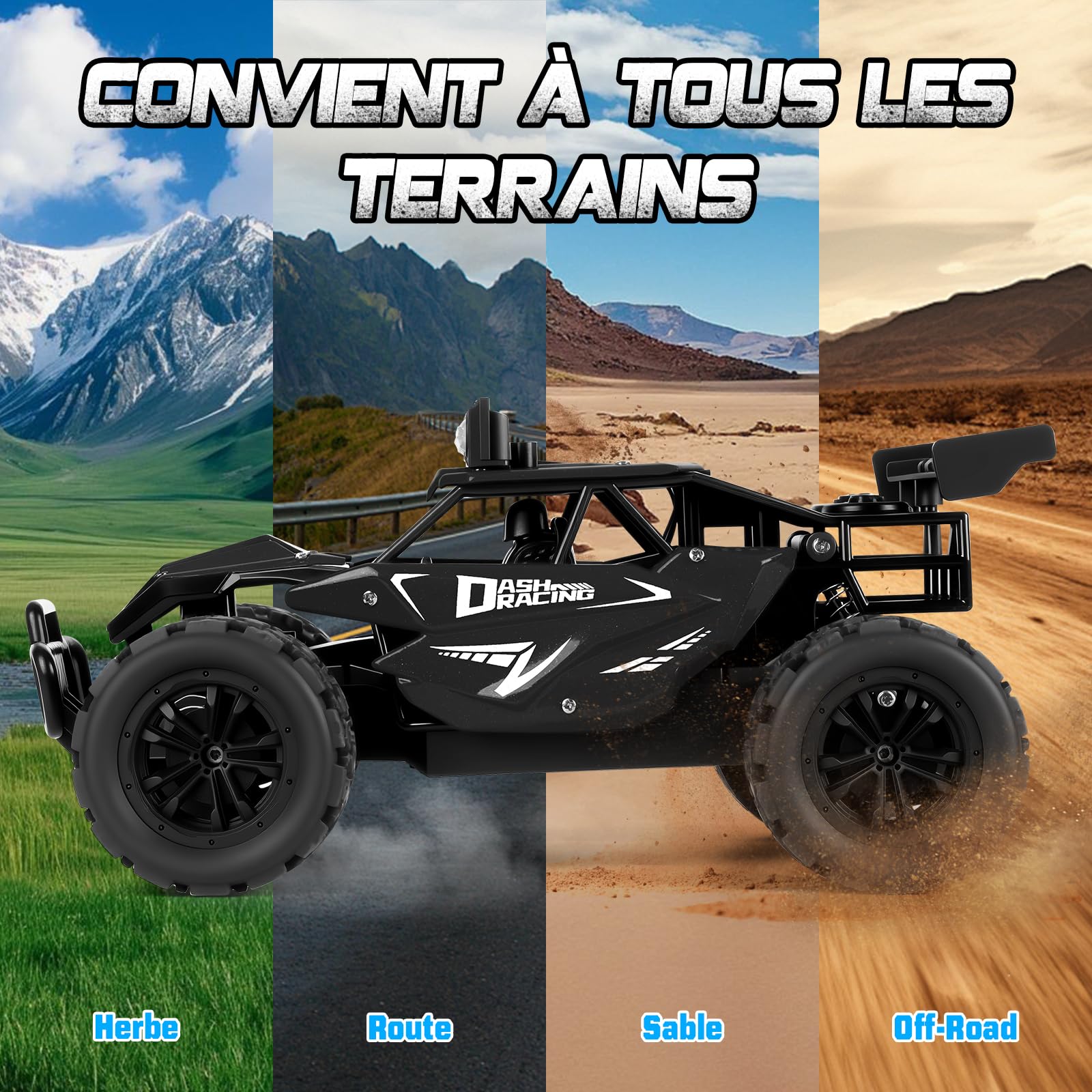 Joellfuner Voiture Ttélécommandée Tout Terrain, 1:16 2.4GHz Voiture Rc avec Lumière LED Quadrichromique, 2WD 20KM/H Buggy RC avec Vitesses Hautes et Basses, Cadeau pour Enfants Plus de 3 Ans (Noir)