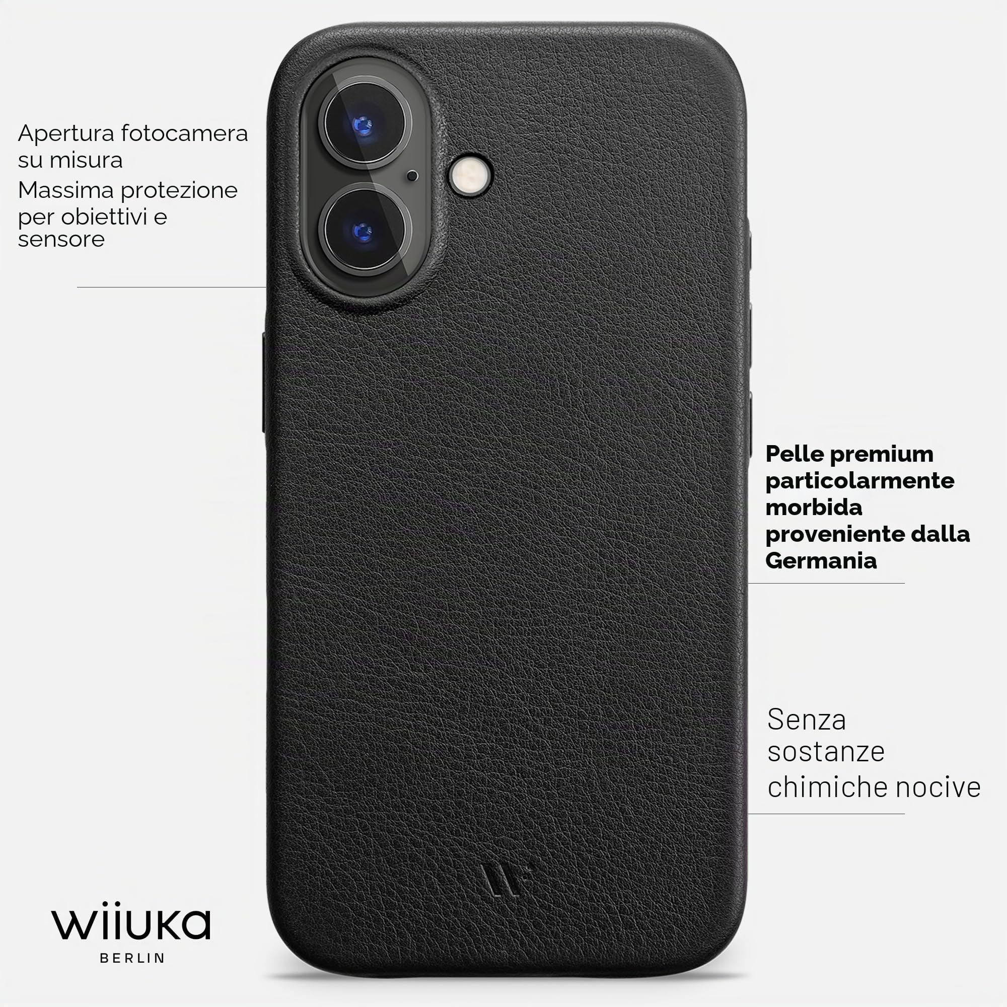 WIIUKA Custodia per iPhone 17, in pelle tedesca, ultra sottile, di alta qualità, colore: nero
