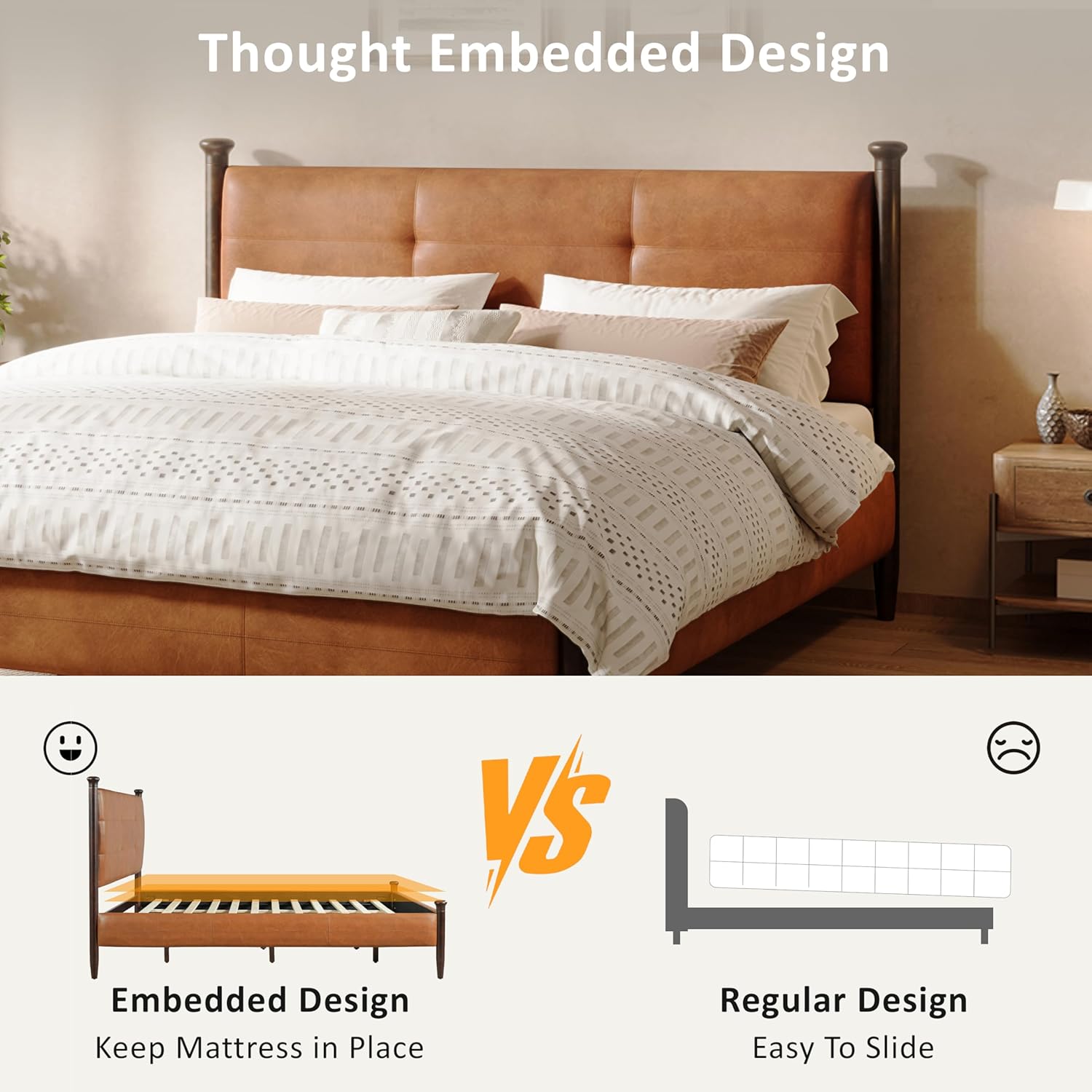 Merax Vintage Cal King PU Leather Upholstered Bed Frame, High-Back Design Platform Bed with Tufted Headboard & Solid Wood Legs, Brown