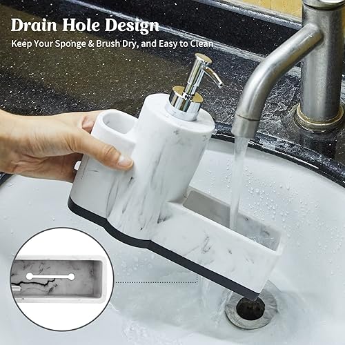 Vista 21 de zccz Dispensador de jabón con soporte de esponja y soporte para cepillo, dispensador de jabón de cocina con patrón de mármol, dispensador de jabón