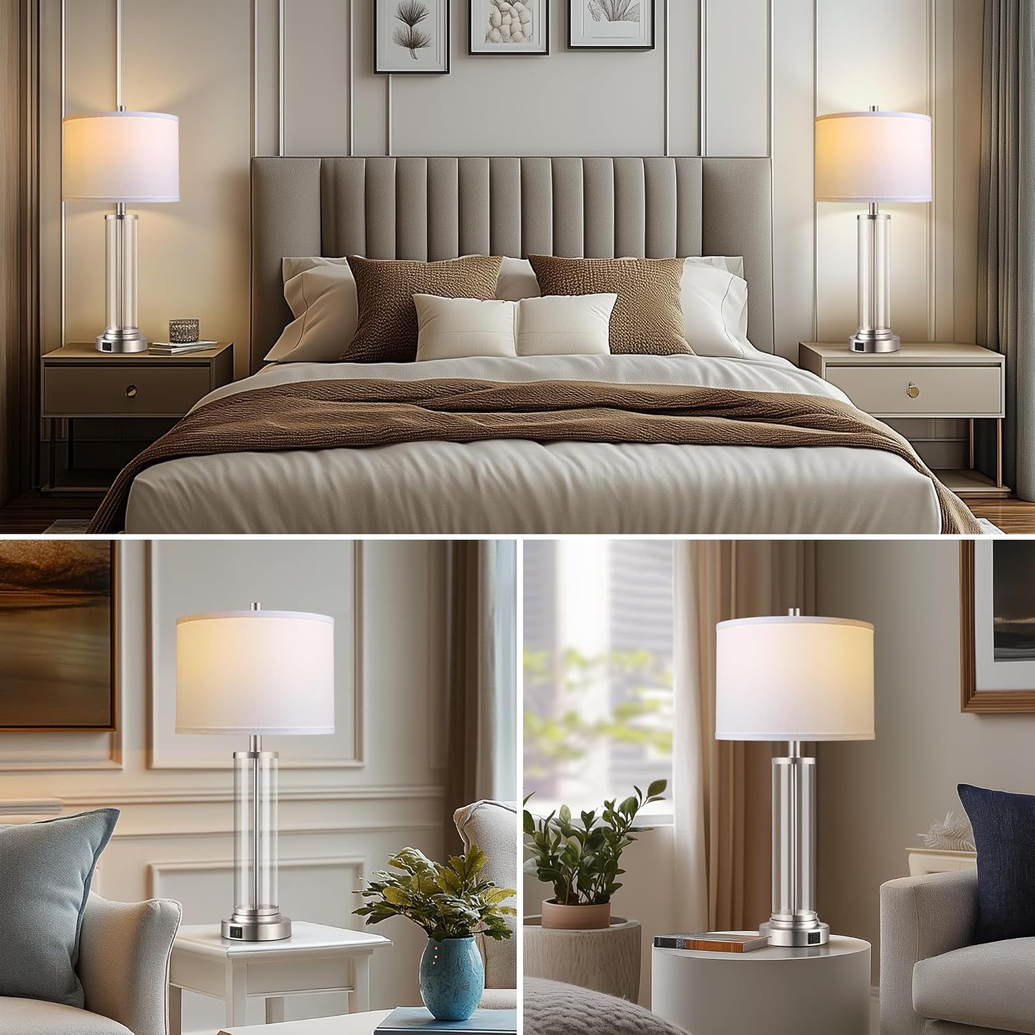 QiMH Touch Control Table Lamps Set of 2 with USB A+C Ports, 3-Way Dimmable Bedside Lamp for Living Room Bedroom House, Modern Nightstand Lamp with 2 LED Bulbs