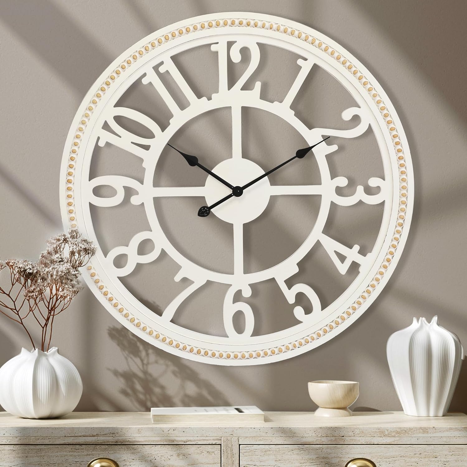 RiteSune Farmhouse Wall Clock 30 Inch, Large Wall Clock with Boho Beads, Wooden Silent Wall Clocks Battery Operated Easy Read, Clocks for Wall Decor