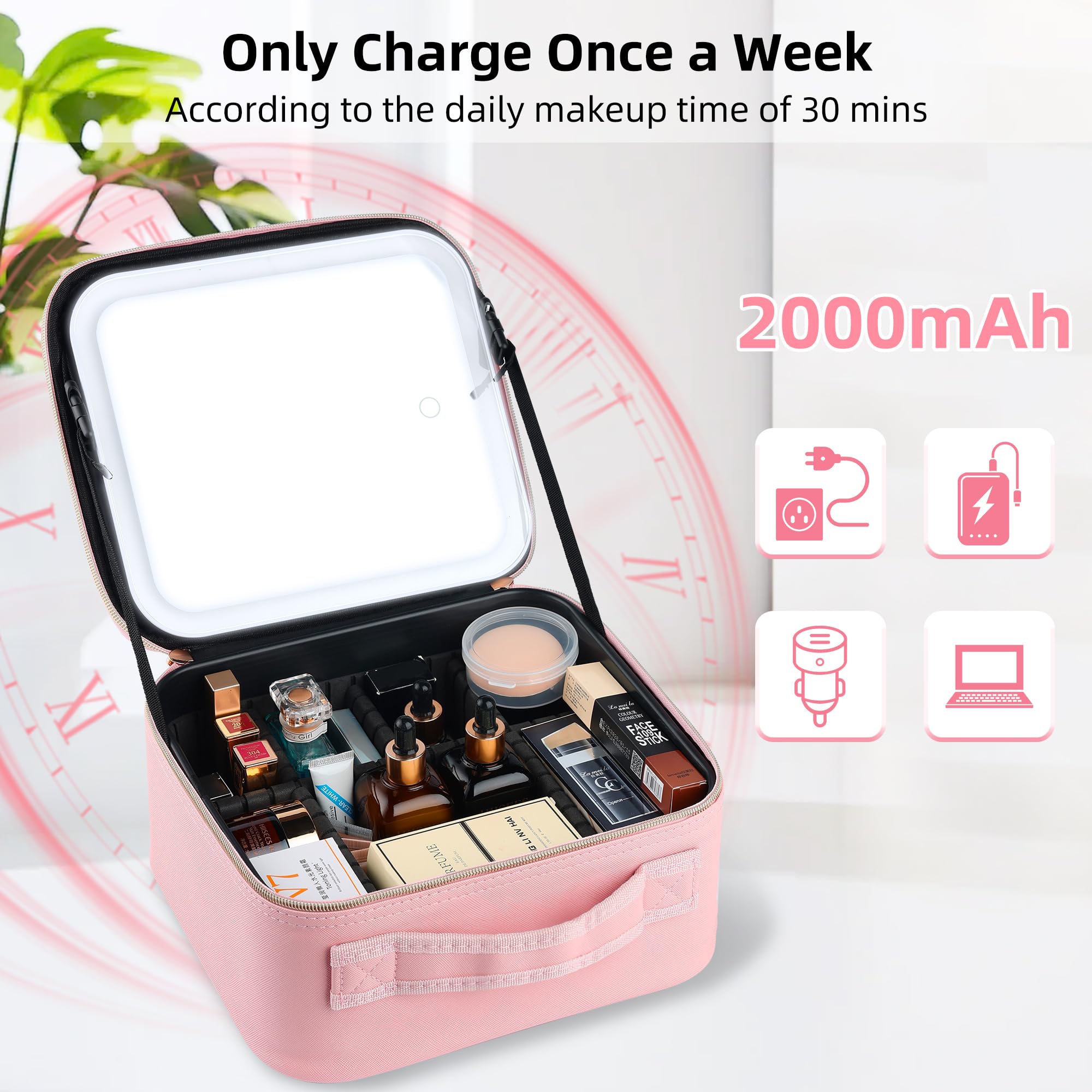 Travel Makeup Bag with LED Mirror – Waterproof Cosmetic Train Case with Adjustable Dividers, Portable Makeup Organizer and Toiletry Bag for Women, Teens & Girls Gift, BagCosPink, Cosmetic Bag With Led 2