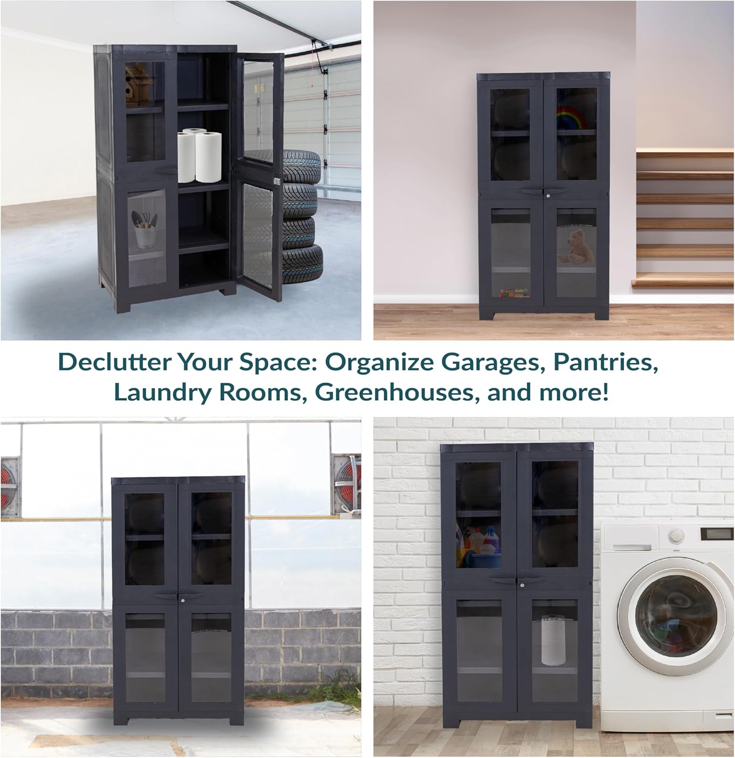 Sunnydaze 48.75" H Resin Garage Storage Cabinet - Garage Cabinet with 4 Acrylic Glass Doors - Freestanding Utility Storage for Laundry Room, Office, Basement - Charcoal