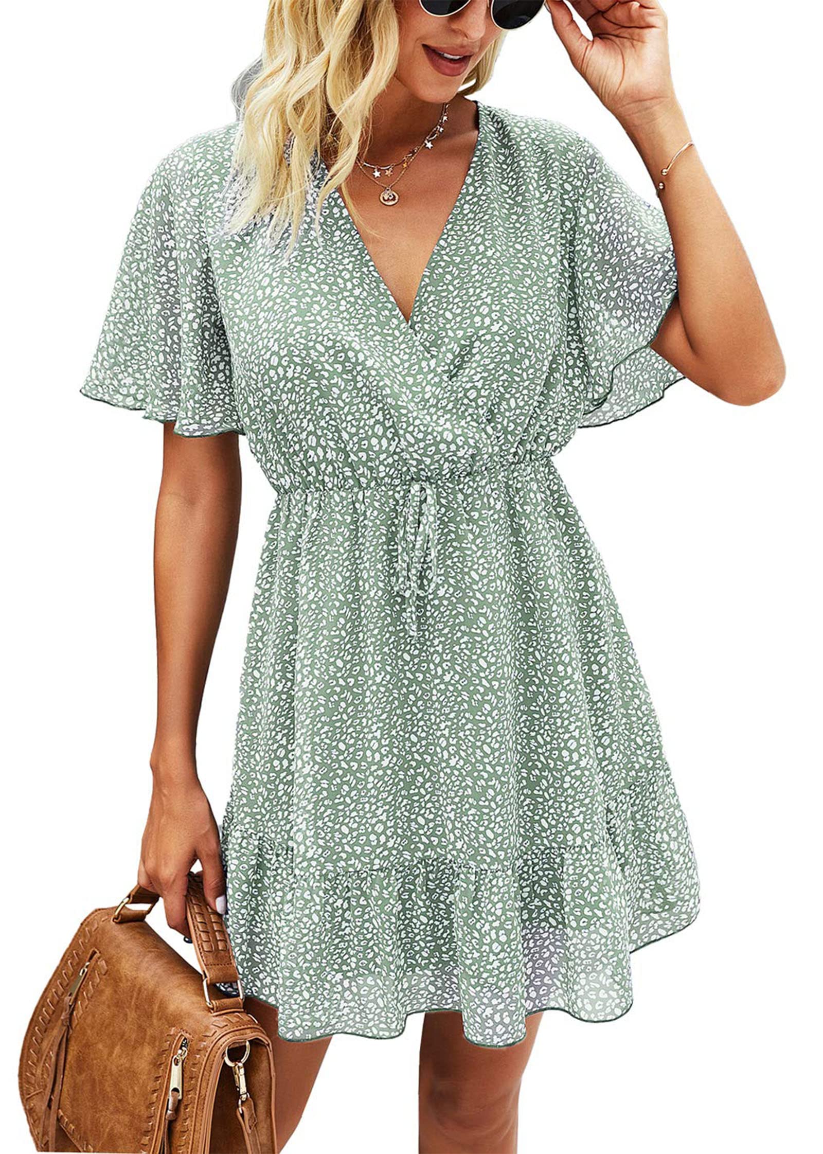 KIRUNDO 2023 Women's Summer Dresses Casual Short Sleeve V Neck Ruffle Leopard Print High Waist Flowy Mini Dress with Belt(Large, Green)