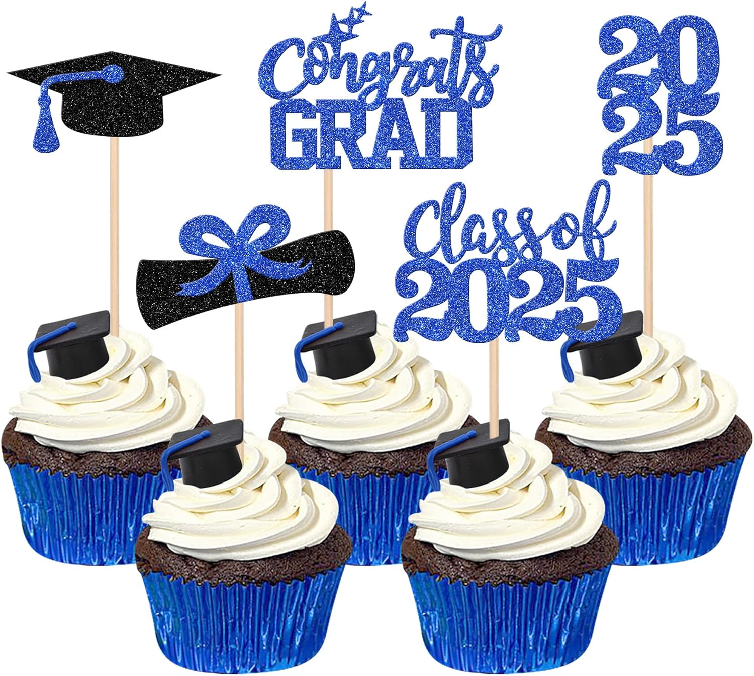 40 PCS 2025 Graduation Theme Cupcake Toppers Glitter Class
