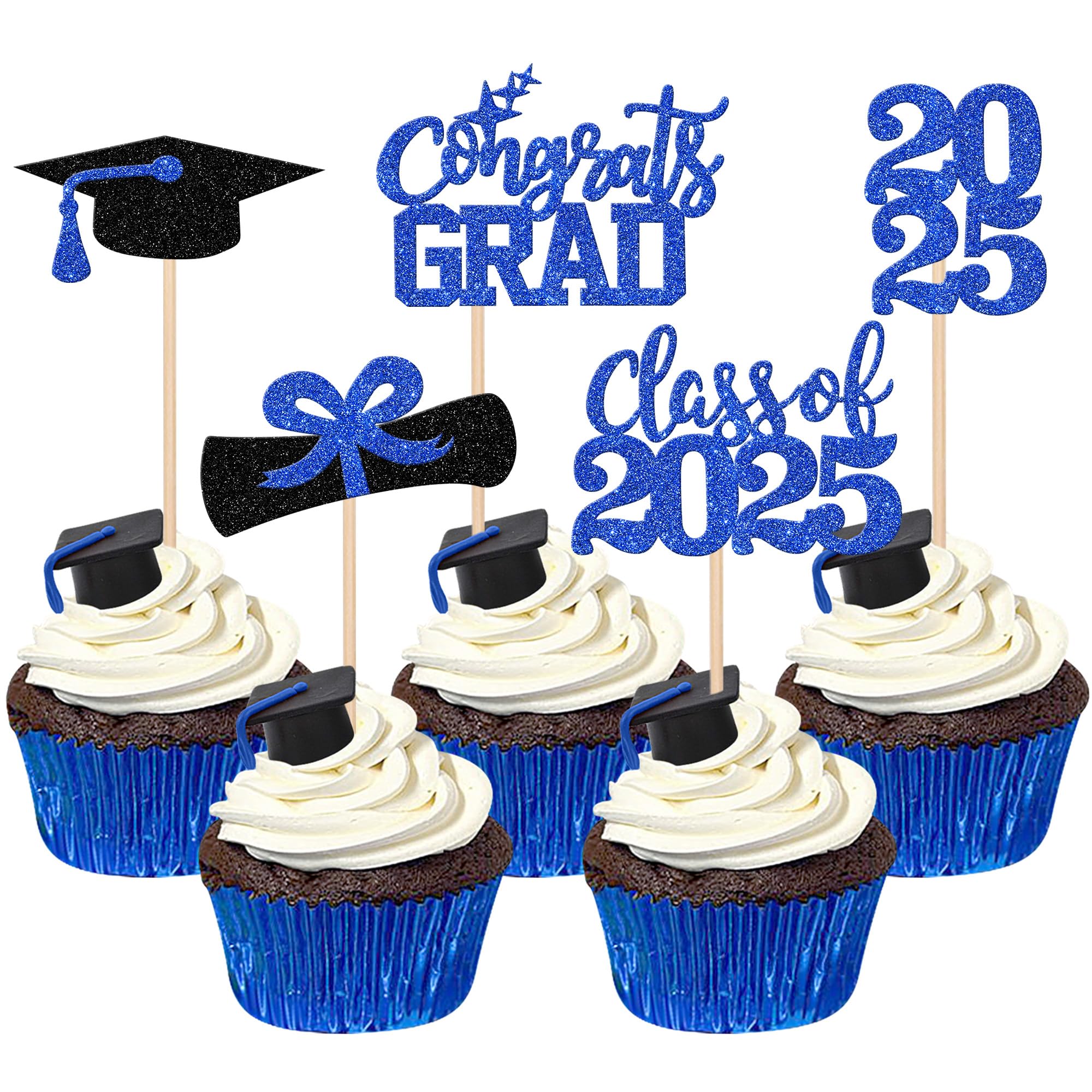 40 PCS 2025 Graduation Theme Cupcake Toppers Glitter Class of 2025 Graduation Cap Cupcake Picks Diploma 2025 Congrats Grad Cake Decorations for 2025